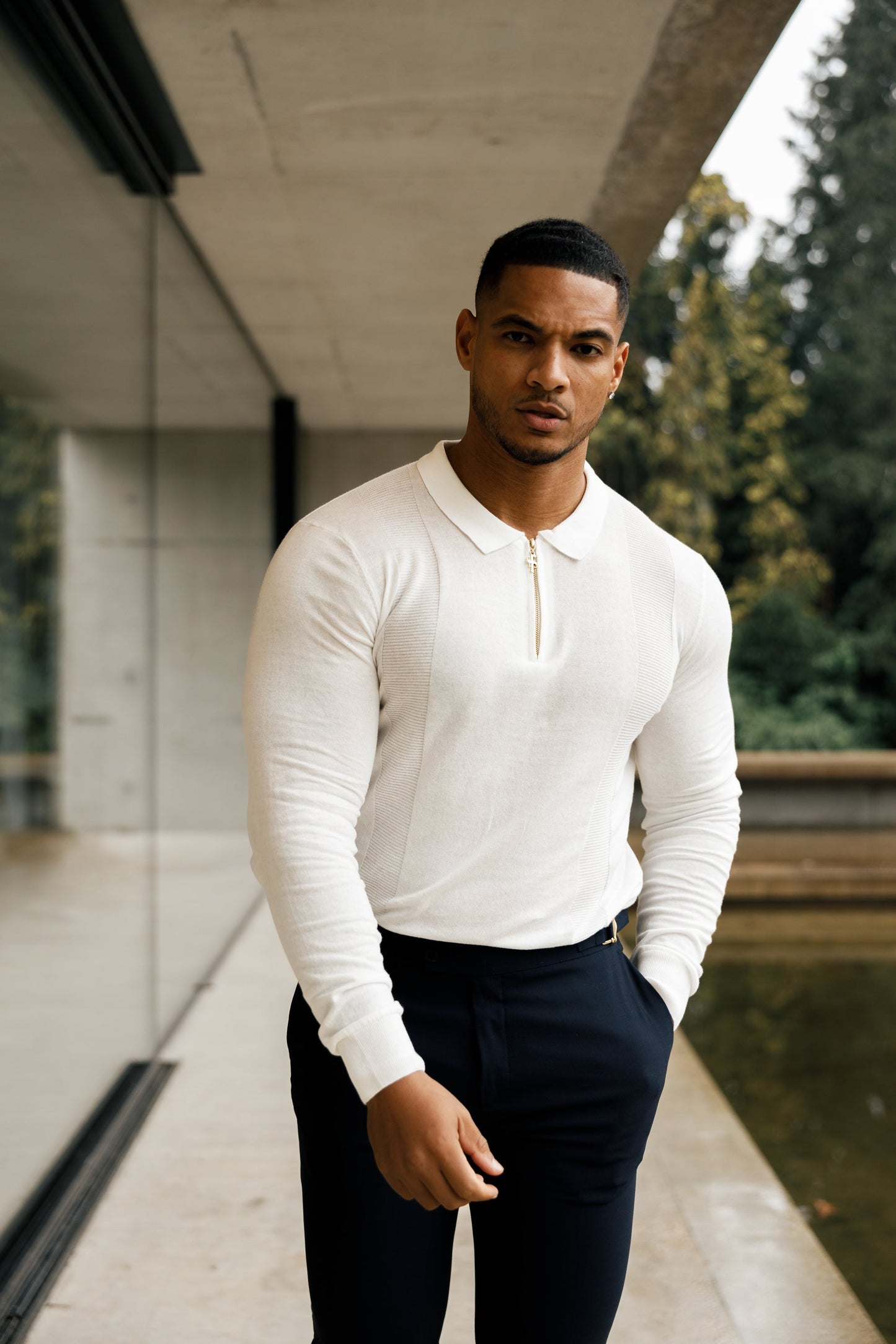 Ultimate Father Sons White and Gold Long Sleeve Zip Polo - FSN125