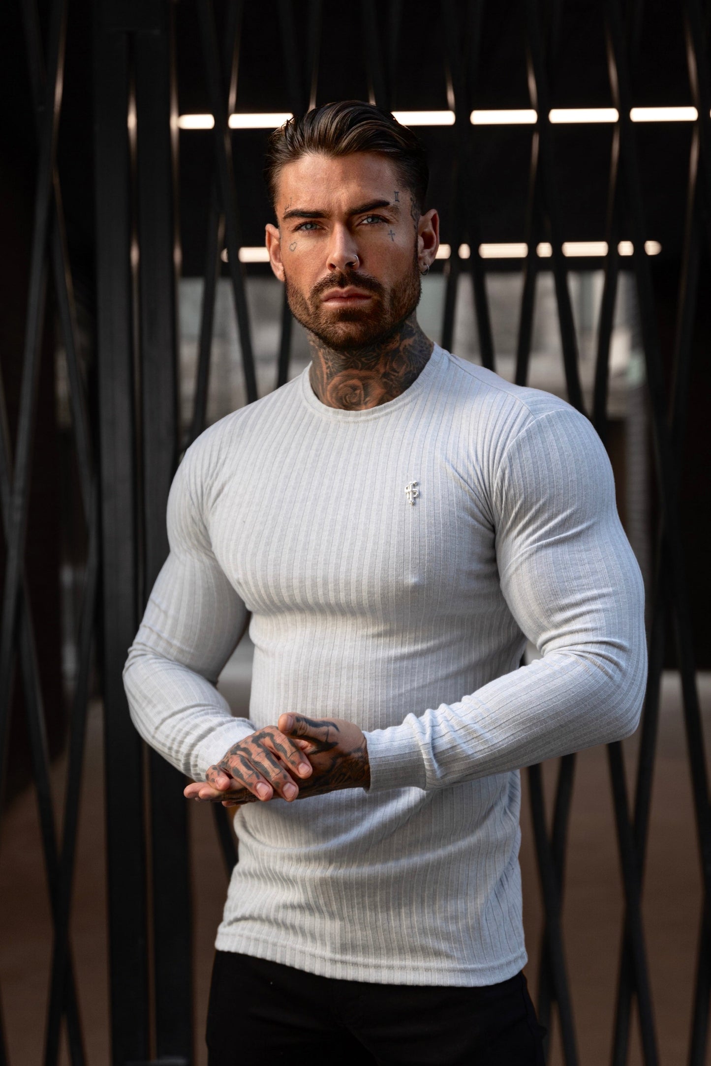 Elevate Your Style with the Father Sons Classic Light Grey Ribbed Knit Jumper Featuring a Sleek Silver Metal Emblem - FSH949