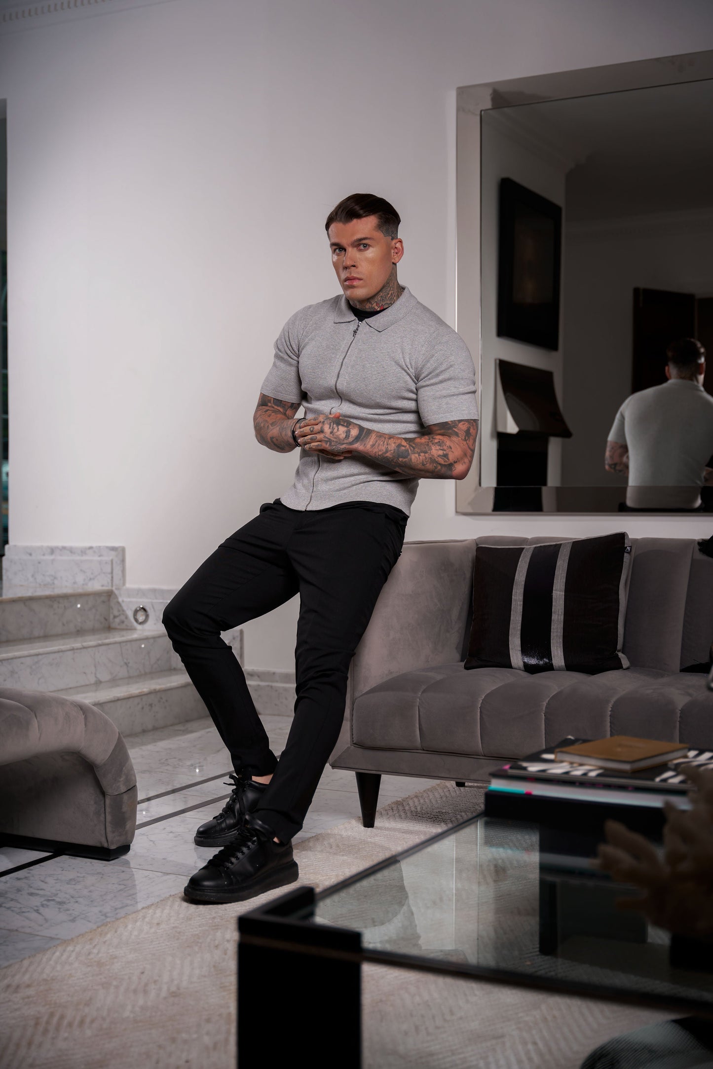 Elevate Your Wardrobe: Father Sons Light Grey Short Sleeve Knit Zip-Up with Chic Textured Design - FSN154