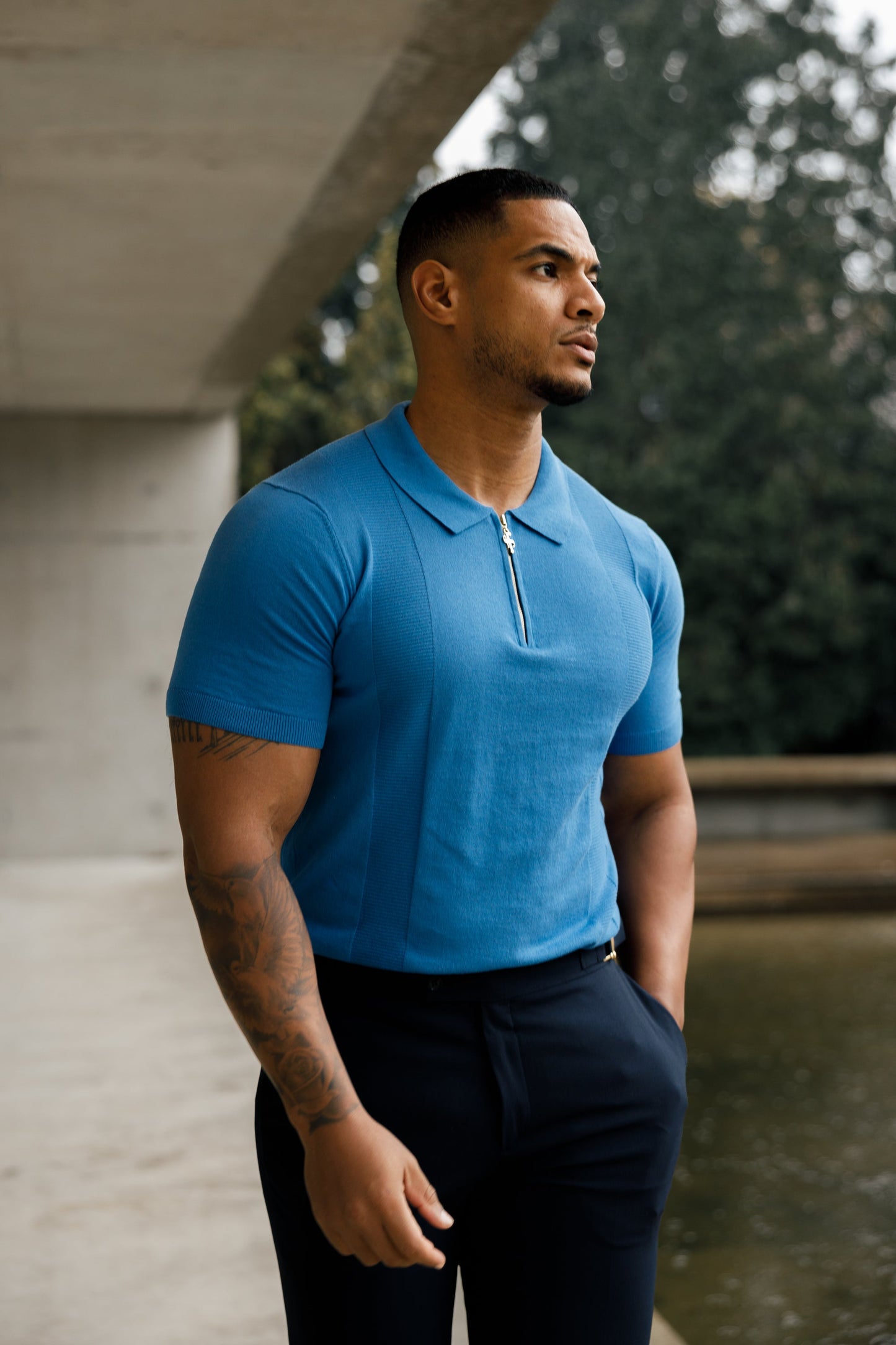 Elevate Your Style with the Father Sons Classic Mid Blue & Gold Short Sleeve Zip Polo Shirt - FSN134