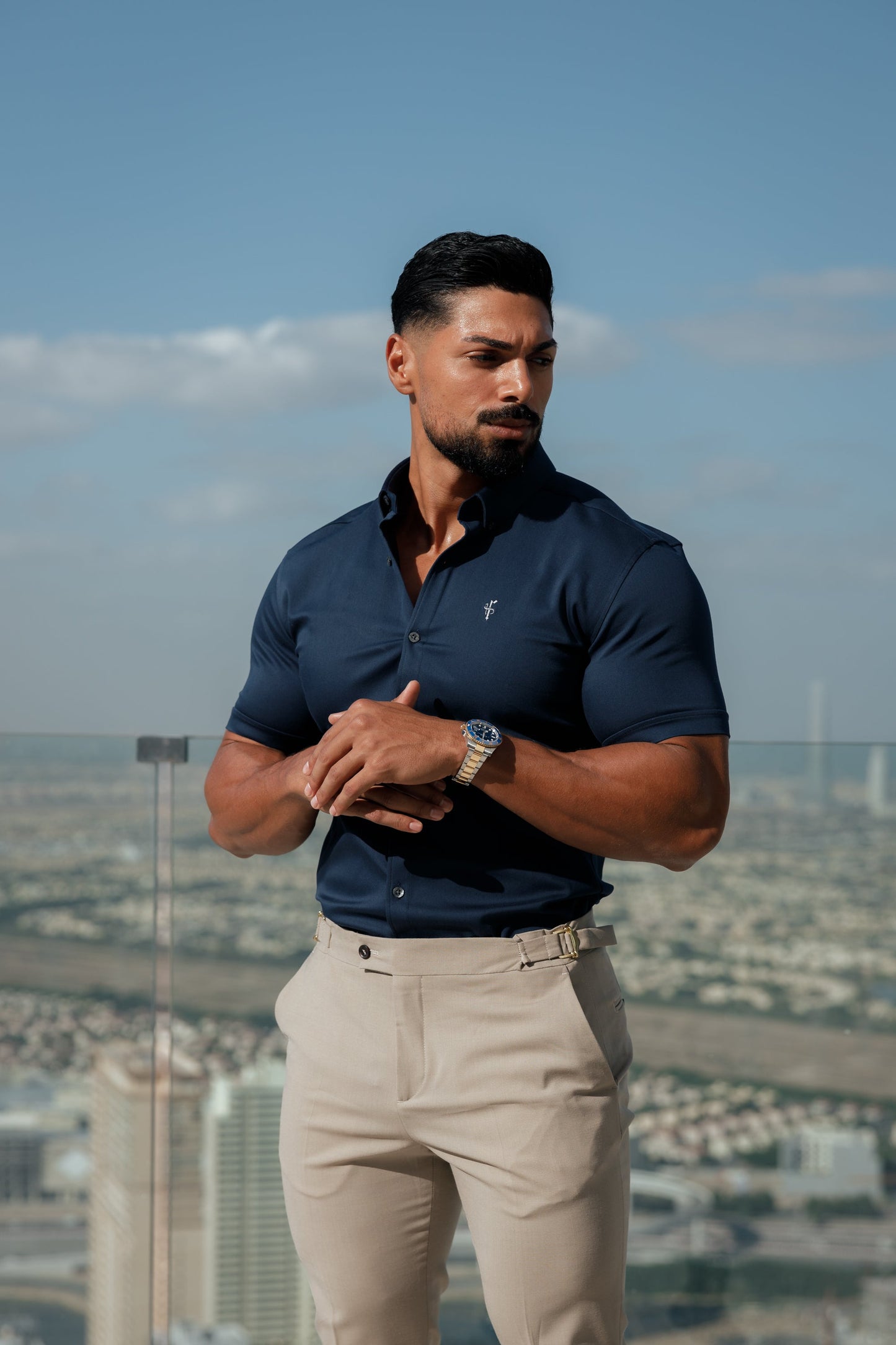 Father Sons Tailored Fit Stretch Navy Denim Short Sleeve Shirt with Stylish Button Down Collar - FS1019