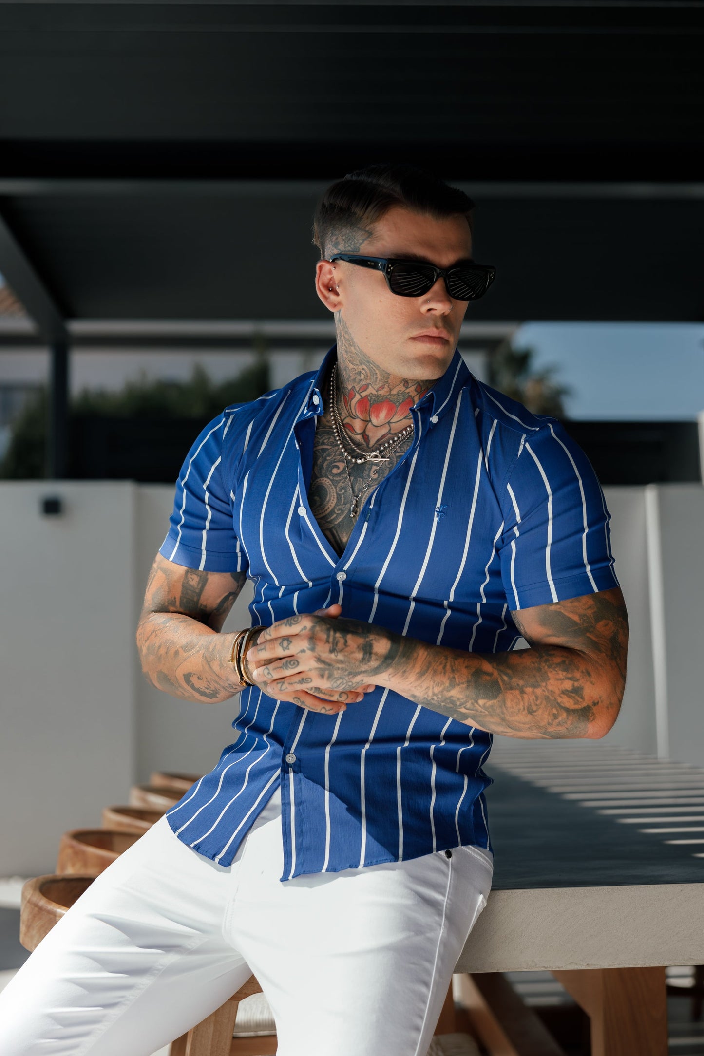 Elevate Your Style with Father Sons Ocean Blue Super Slim Stretch Short Sleeve Shirt – Bold Wide Stripes & Button Down Collar - FS1056