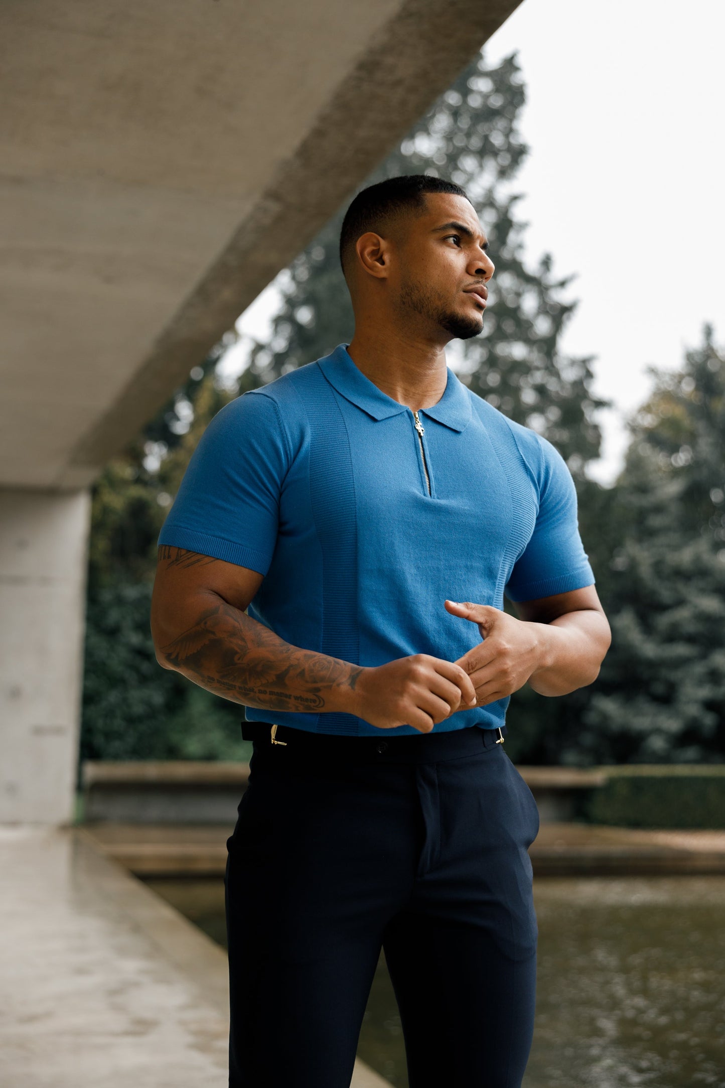 Elevate Your Style with the Father Sons Classic Mid Blue & Gold Short Sleeve Zip Polo Shirt - FSN134