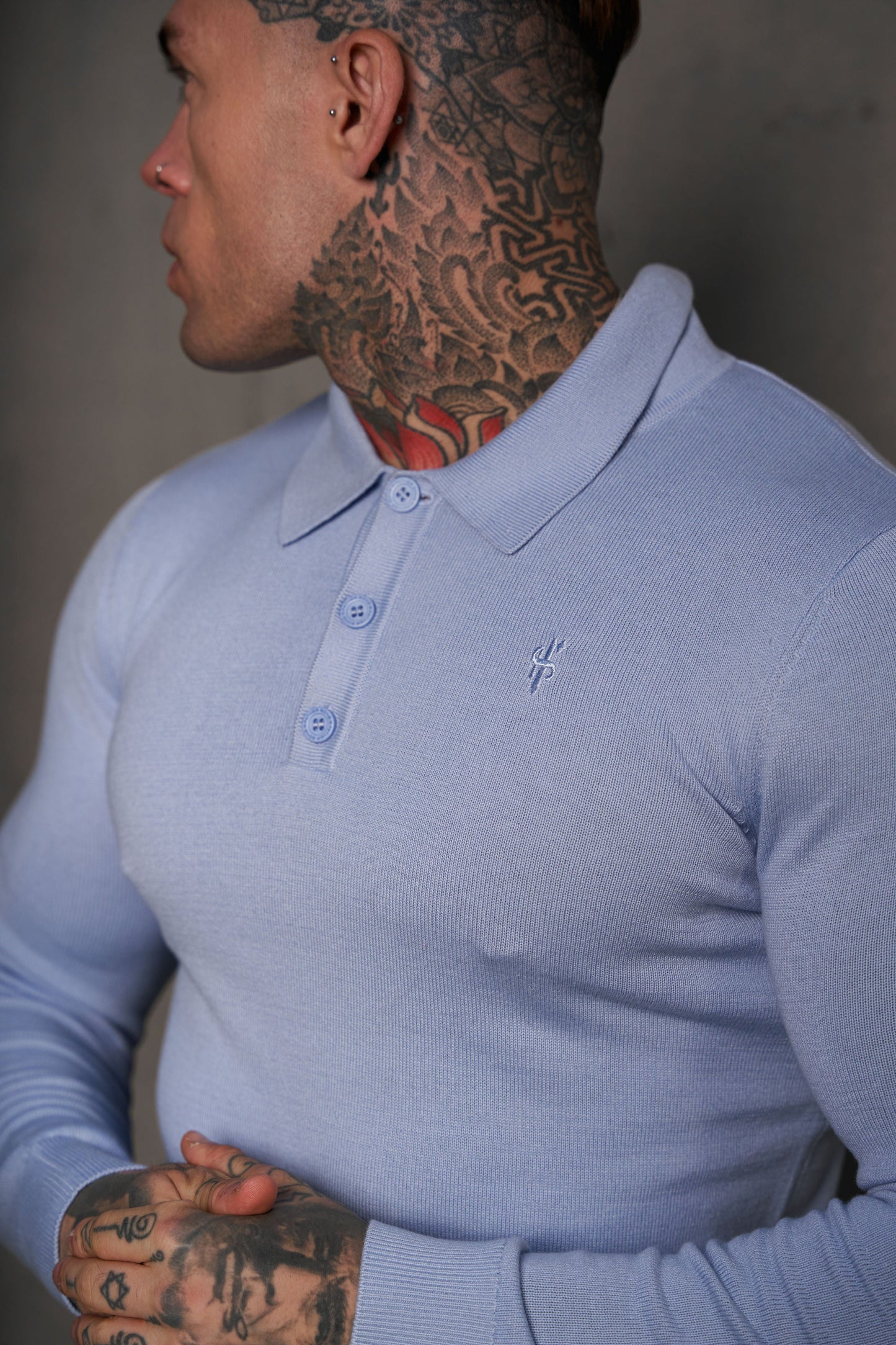 Timeless Pale Blue Knitted Polo Jumper for Men - Long Sleeve with Subtle Tonal FS Embroidery - Model FSN142