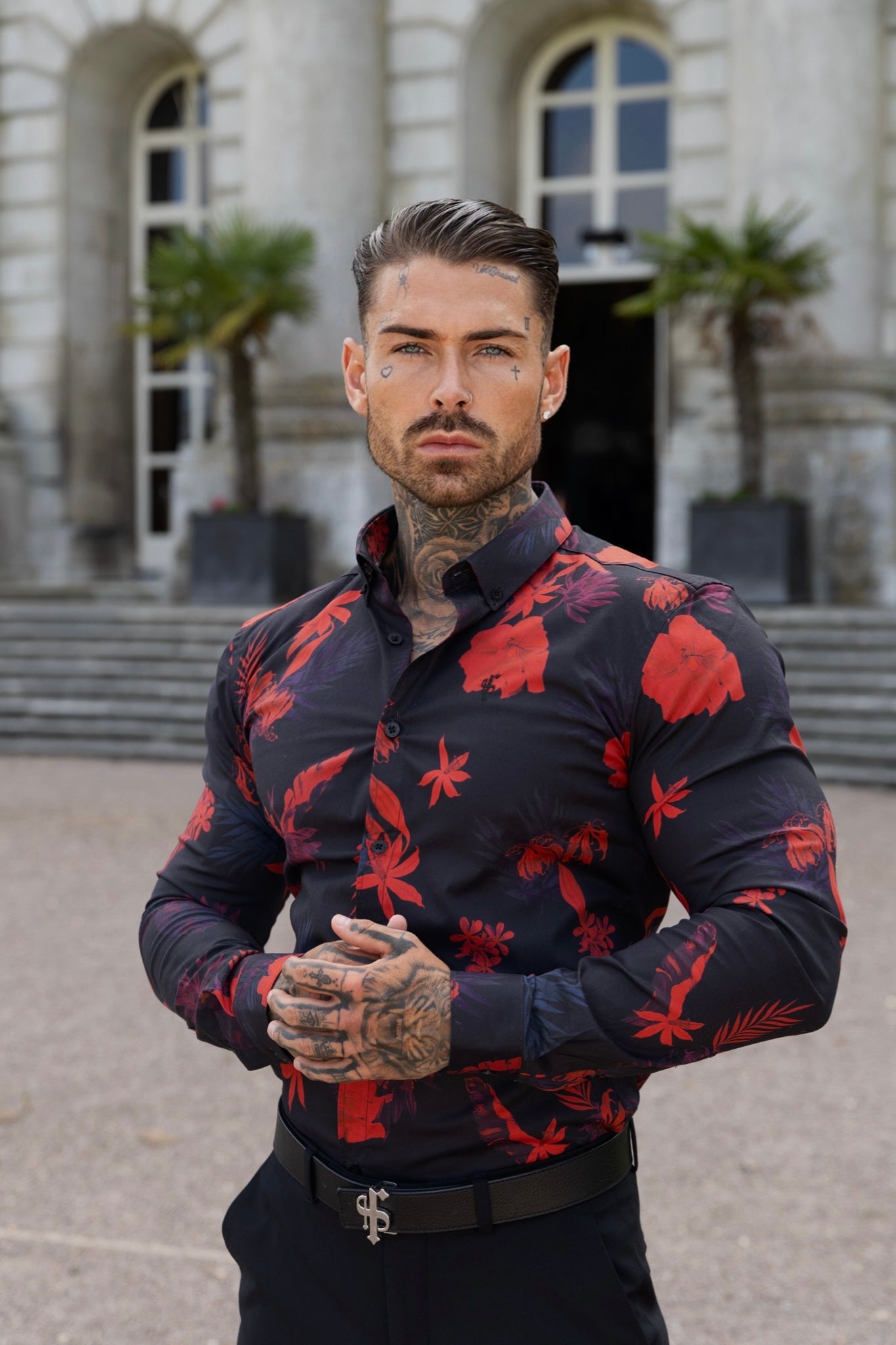 Elevate Your Style with Father Sons Super Slim Stretch Long Sleeve Shirt in Striking Black and Red Floral Print - FS770