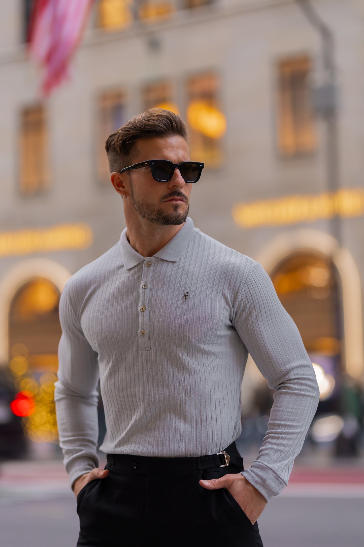 Elevate Your Style: Light Grey Ribbed Long Sleeve Polo with Silver Accent by Father Sons - FSH973