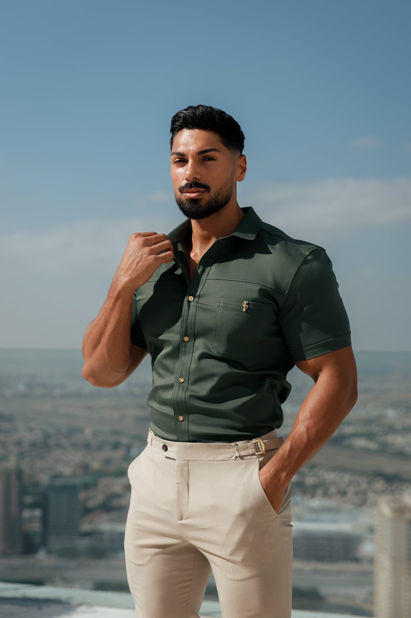 Elevate Your Style: Father Sons Super Slim Stretch Khaki Denim Short Sleeve Shirt with Trendy Horizontal Seam and Pocket - FS958