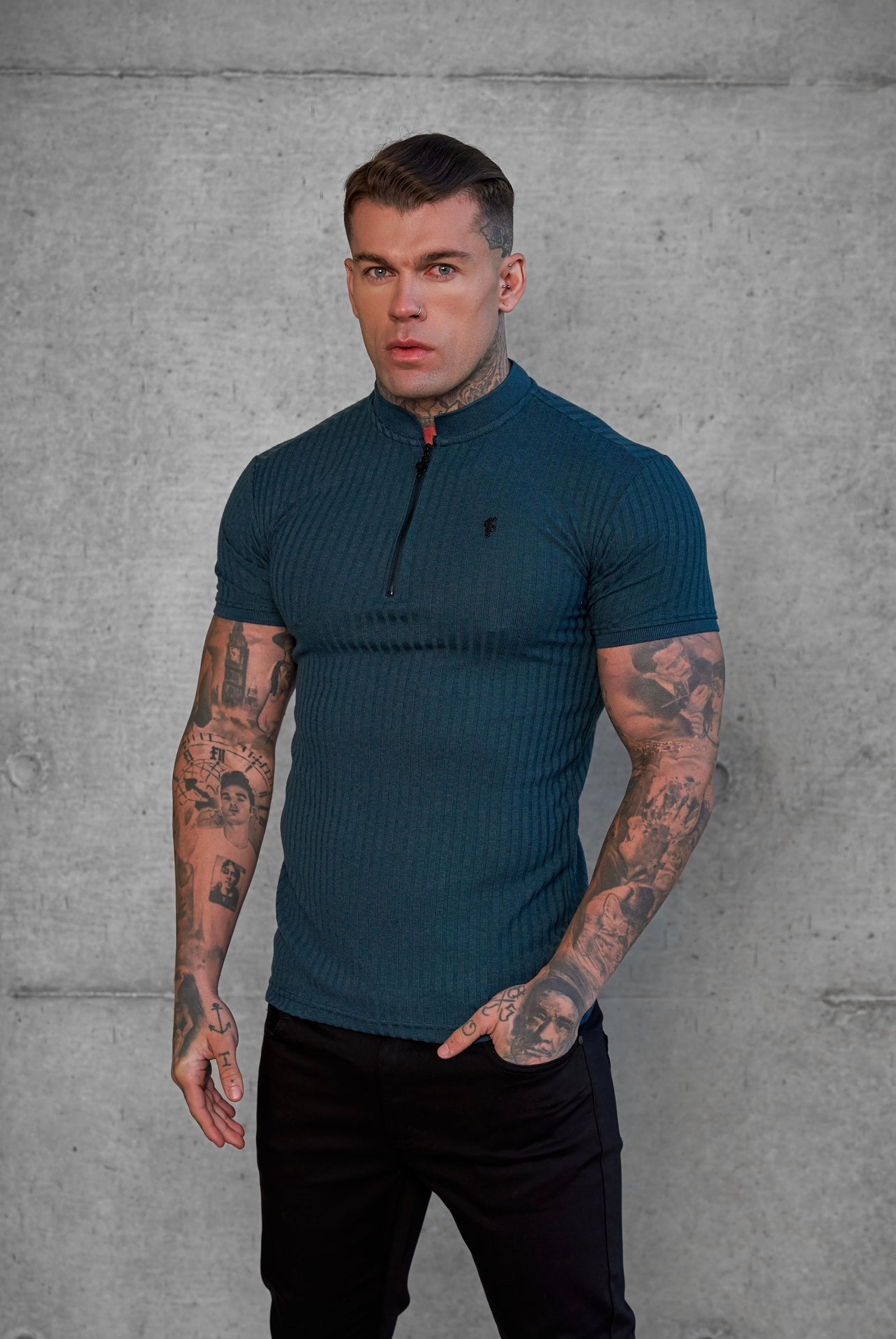 Elevate Your Style with the Father Sons Classic Forest Green & Black Ribbed Zip Grandad Collar Shirt - Short Sleeve FSH917