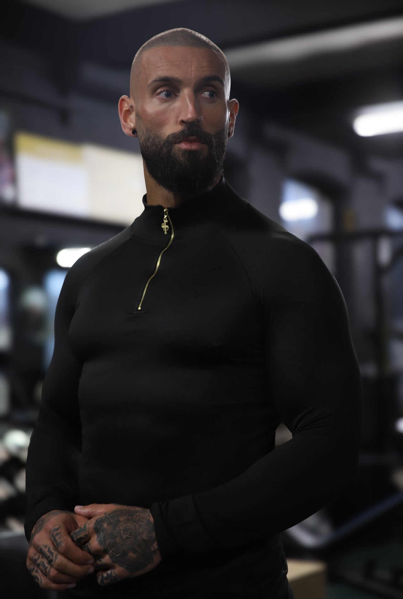 Elevate Your Workout with the Father Sons Solid Black and Gold Half Zip Long Sleeve Gym Top - FSH887