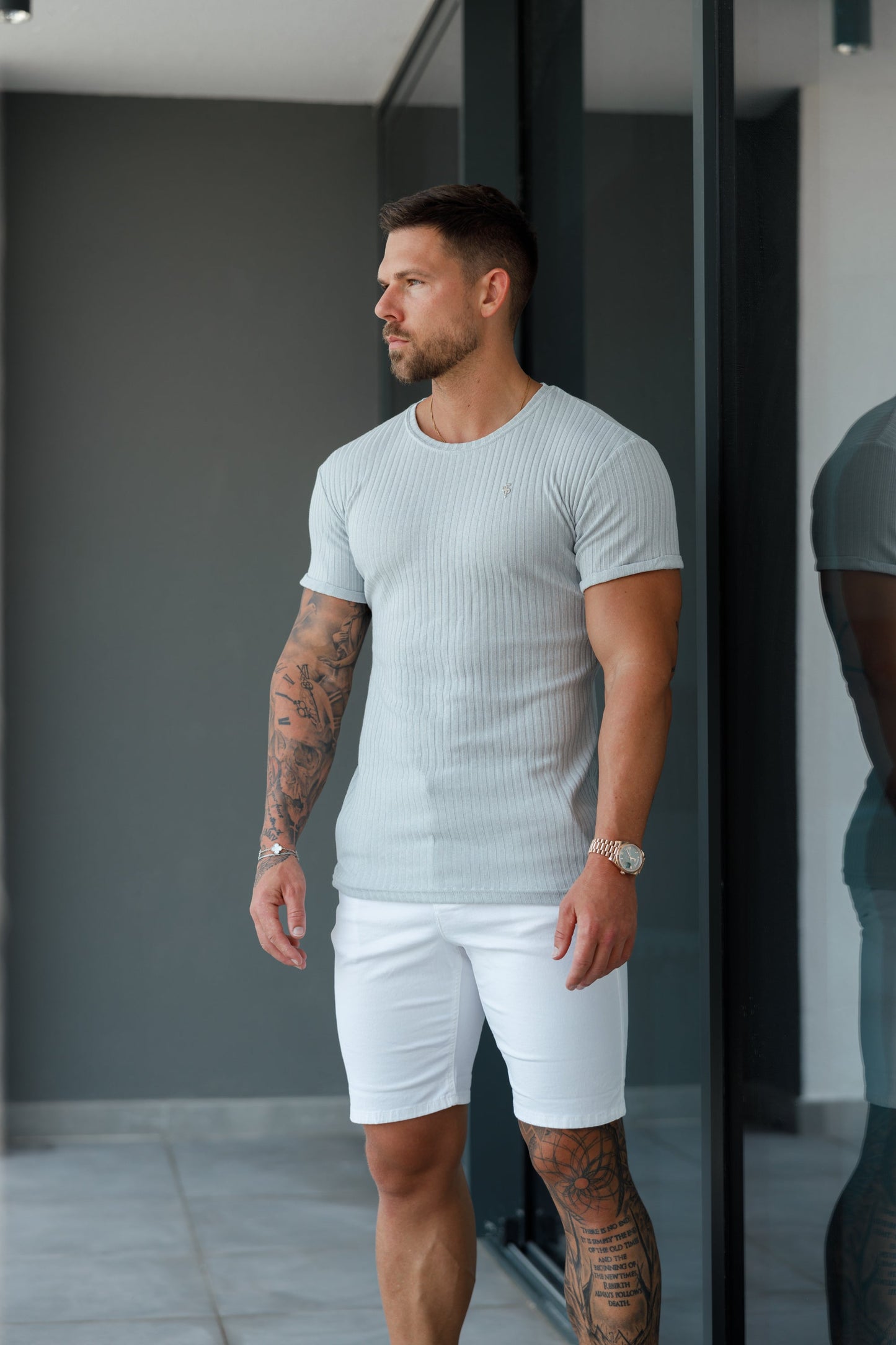 Elevate Your Wardrobe with the Father Sons Light Grey Ribbed Knit Super Slim Short Sleeve Crew - FSH1085