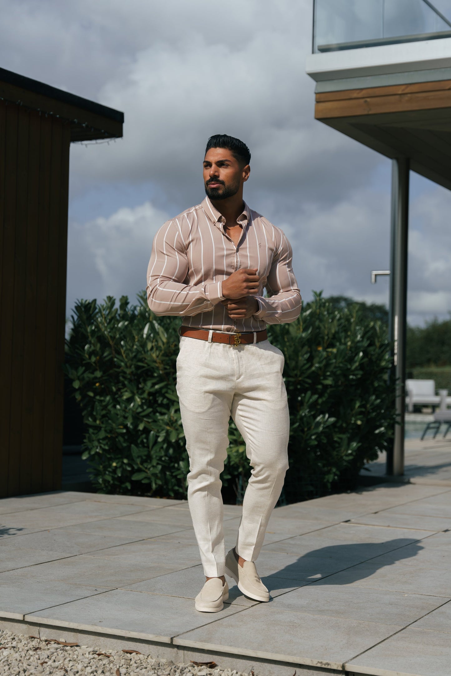 Elevate Your Style: Father Sons Super Slim Stretch Taupe Stripe Long Sleeve Shirt with Button Down Collar - FS1065
