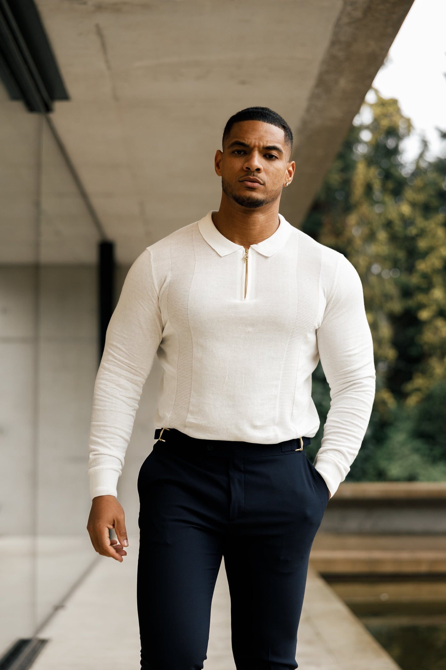 Ultimate Father Sons White and Gold Long Sleeve Zip Polo - FSN125