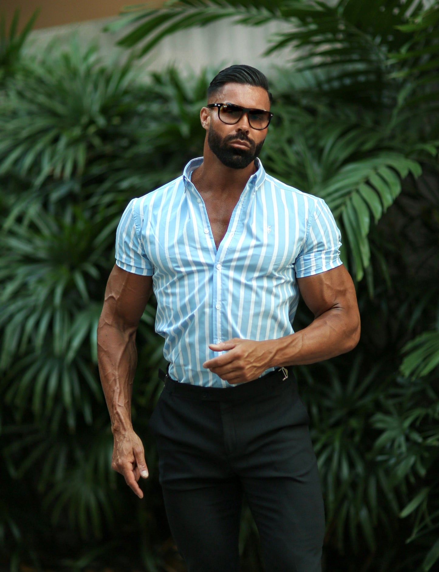 Father Sons Classic Light Blue & White Woven Stripe Short Sleeve Deckchair Shirt - FS976