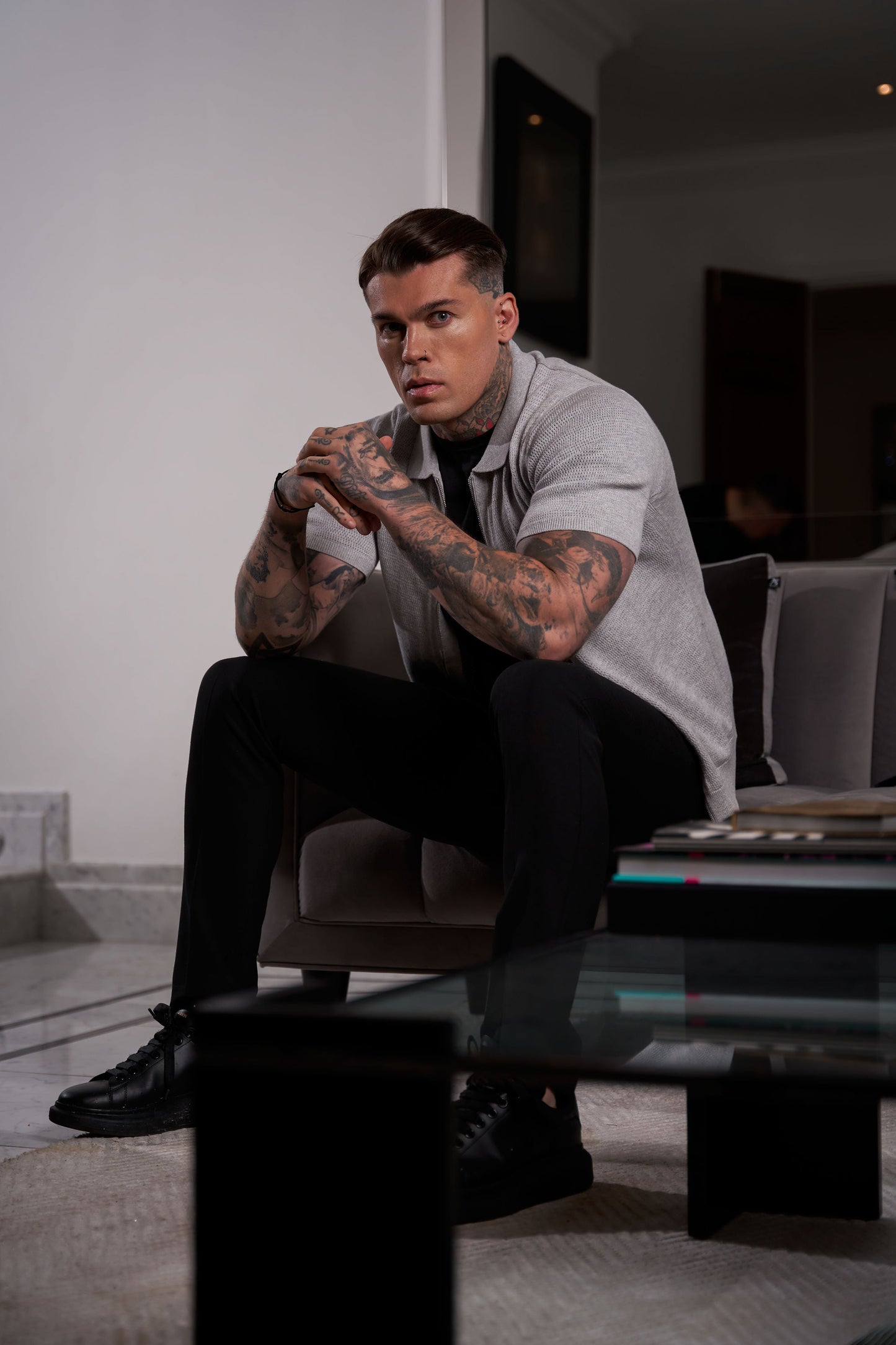 Elevate Your Wardrobe: Father Sons Light Grey Short Sleeve Knit Zip-Up with Chic Textured Design - FSN154