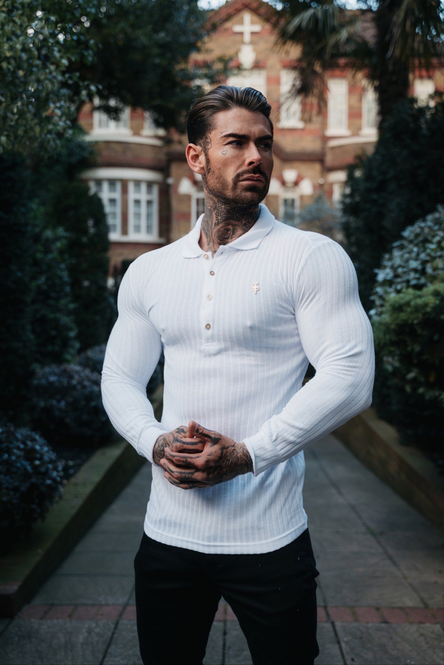 Elevate Your Style with the Father Sons Long Sleeve White Ribbed Polo Shirt Featuring a Stunning Gold Decal - FSH975