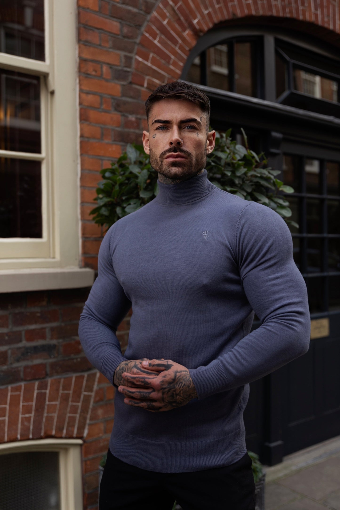 Elevate Your Style: Father Sons Classic Gunmetal Roll Neck Knit Sweater with Subtle Emblem - FSN137