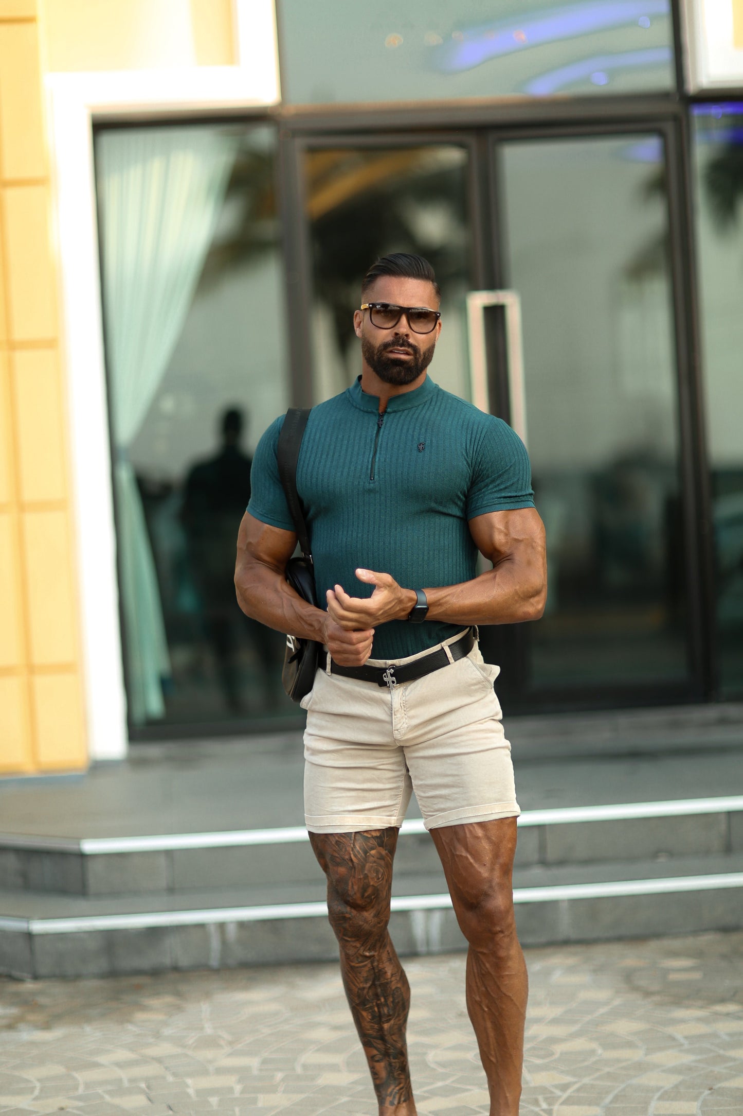Elevate Your Style with the Father Sons Classic Forest Green & Black Ribbed Zip Grandad Collar Shirt - Short Sleeve FSH917