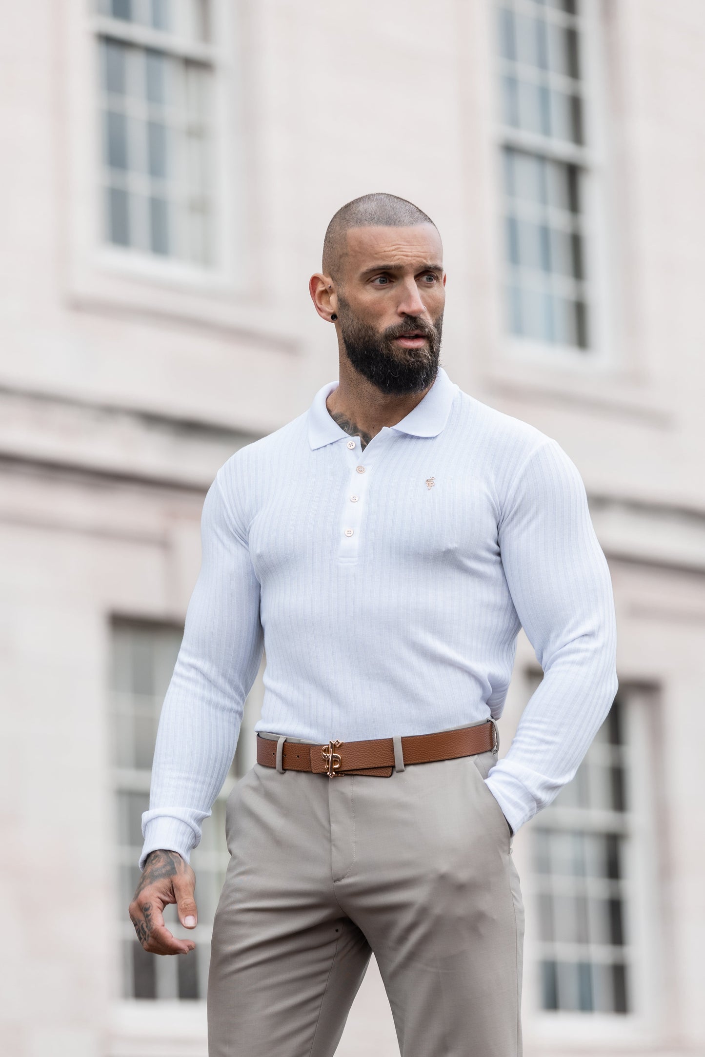 Elevate Your Style with the Father Sons Long Sleeve White Ribbed Polo Shirt Featuring a Stunning Gold Decal - FSH975