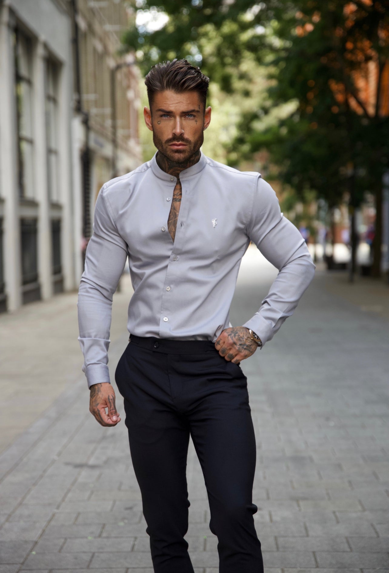 Elevate Your Style: Father Sons Super Slim Fit Stretch Grey Denim Long Sleeve Shirt with Trendy Grandad Collar and Sleek Silver Metal Buttons - FS962