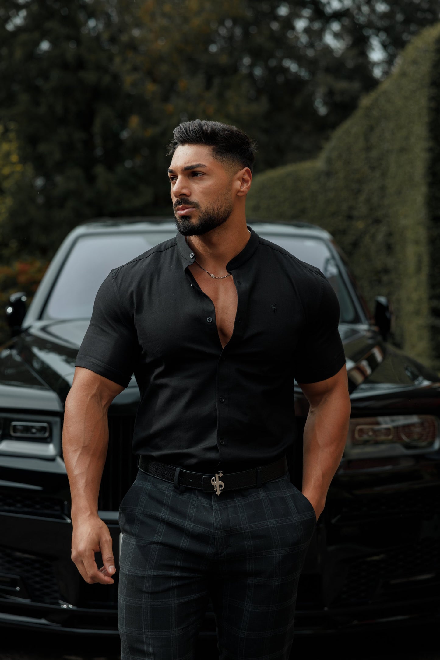 Elevate Your Style with the Father Sons Super Slim Stretch Oxford Shirt - All Black Grandad Collar, Short Sleeve - FS582