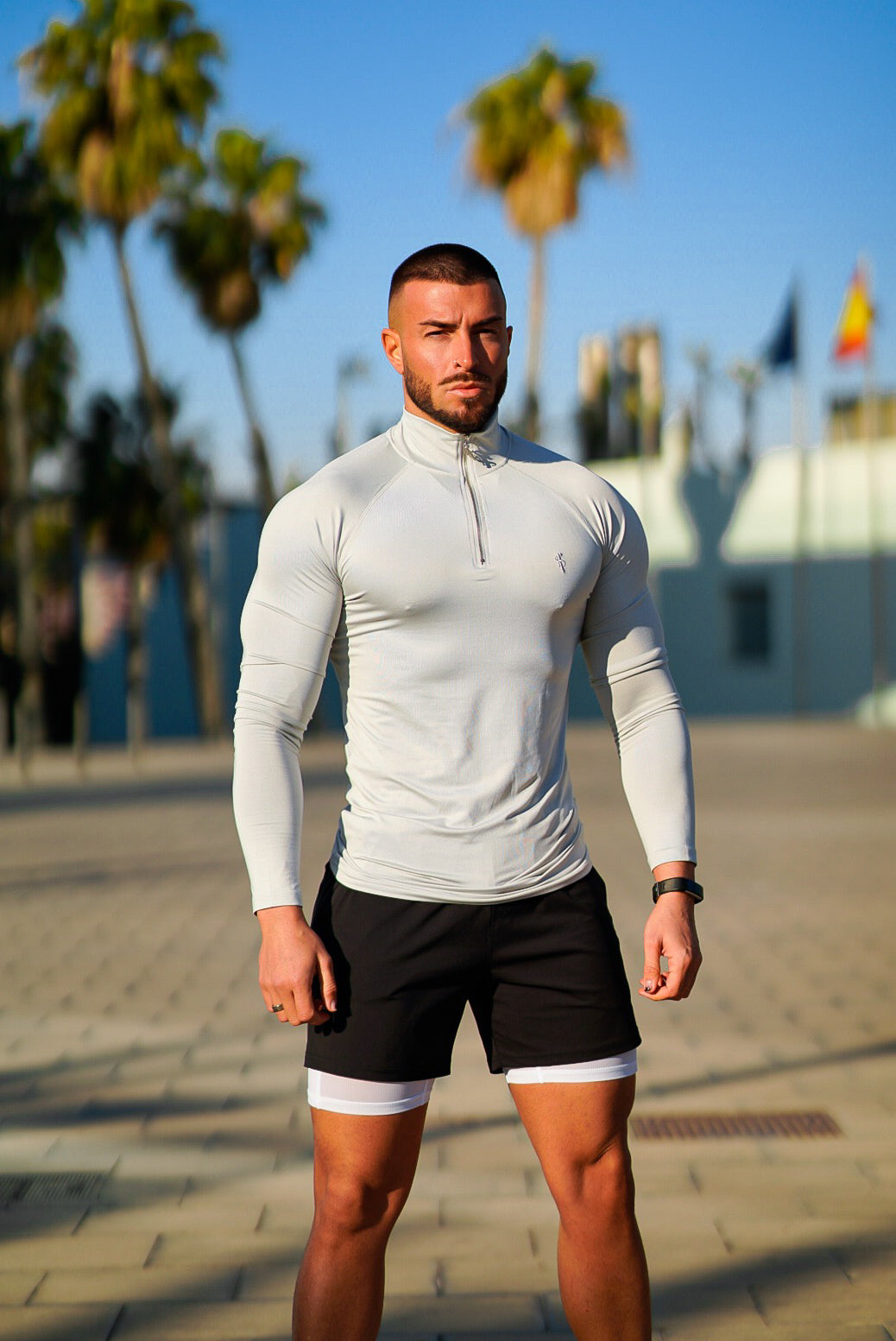 Elevate Your Workout with the Father Sons Light Grey/Silver Half Zip Long Sleeve Gym Top - FSH890