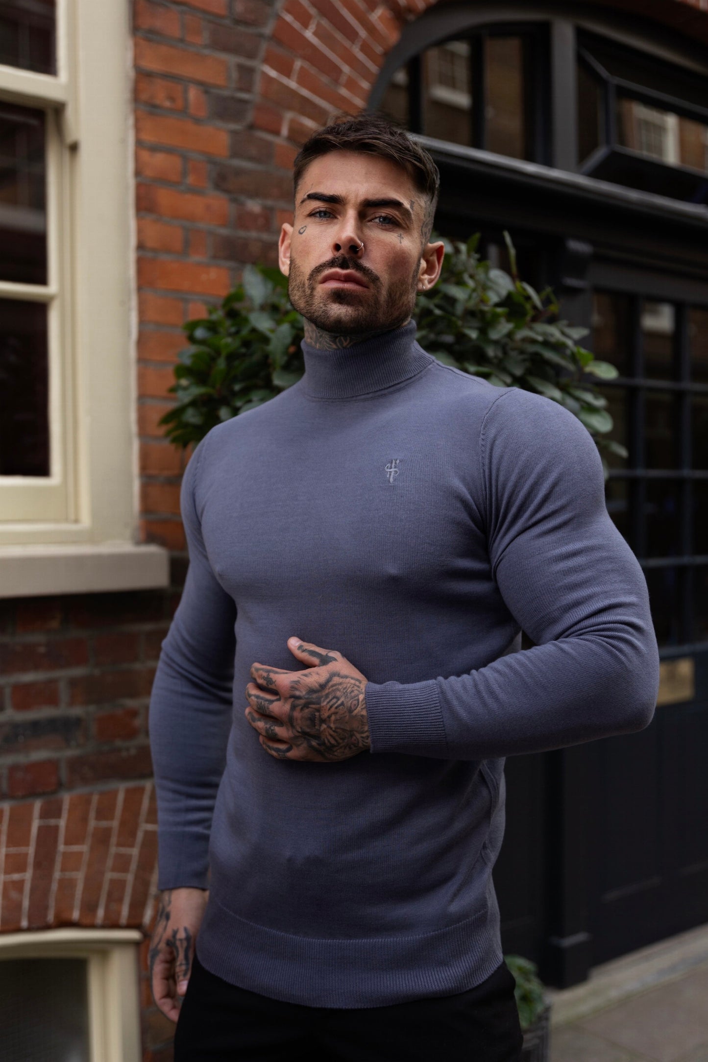 Elevate Your Style: Father Sons Classic Gunmetal Roll Neck Knit Sweater with Subtle Emblem - FSN137