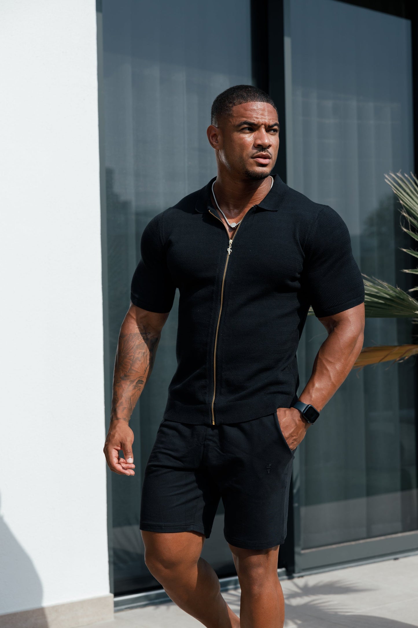 Stylish Black Short Sleeve Zip-Up Knit Sweater with Classic Textured Design - Father Sons Collection - FSN151