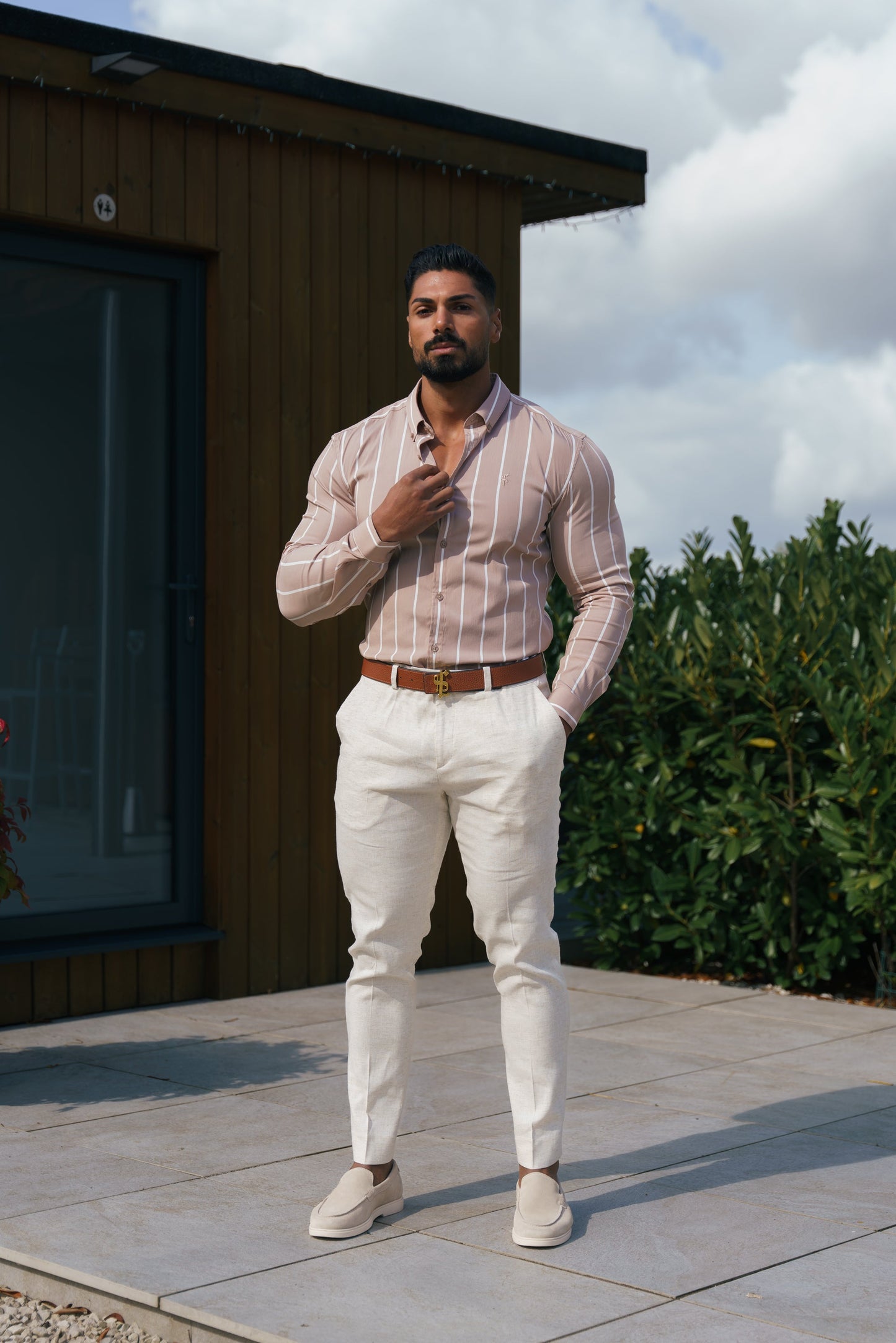 Elevate Your Style: Father Sons Super Slim Stretch Taupe Stripe Long Sleeve Shirt with Button Down Collar - FS1065