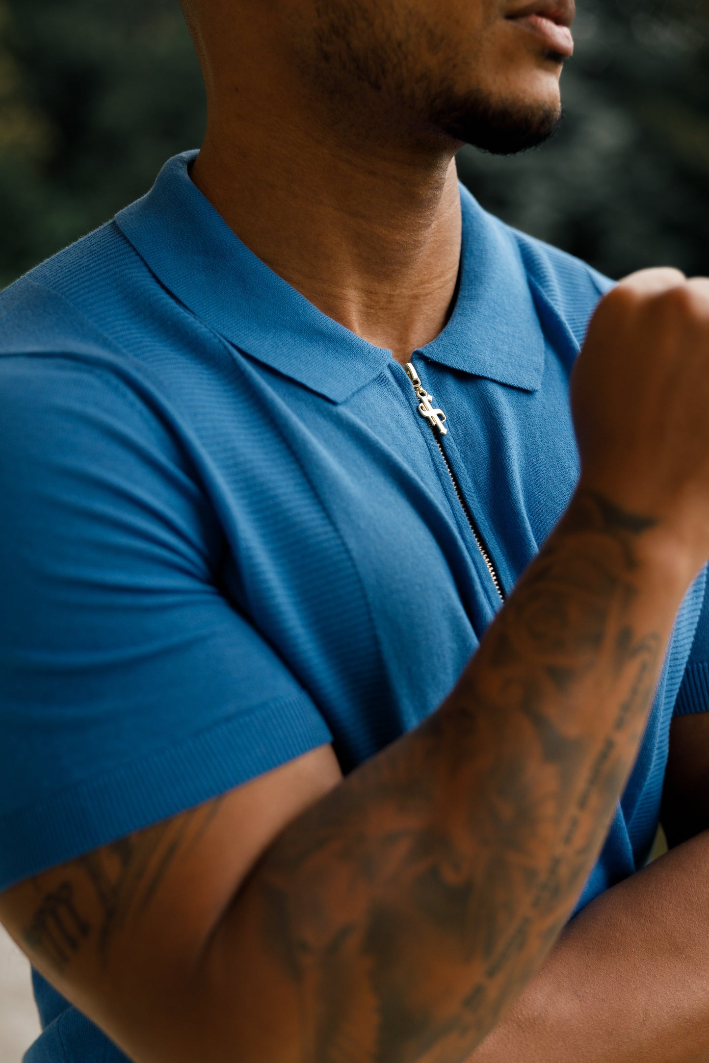 Elevate Your Style with the Father Sons Classic Mid Blue & Gold Short Sleeve Zip Polo Shirt - FSN134
