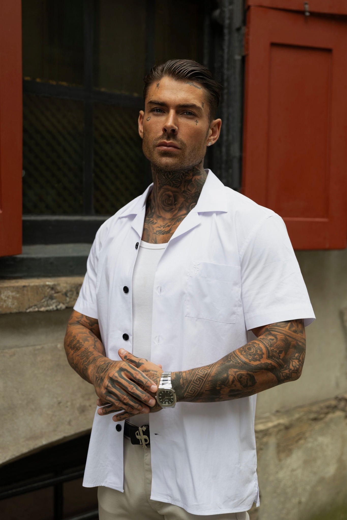 Elevate Your Style with the Father Sons White Hawaiian Short Sleeve Shirt - Boxy Fit and Chic Revere Collar with Pocket - FS1077