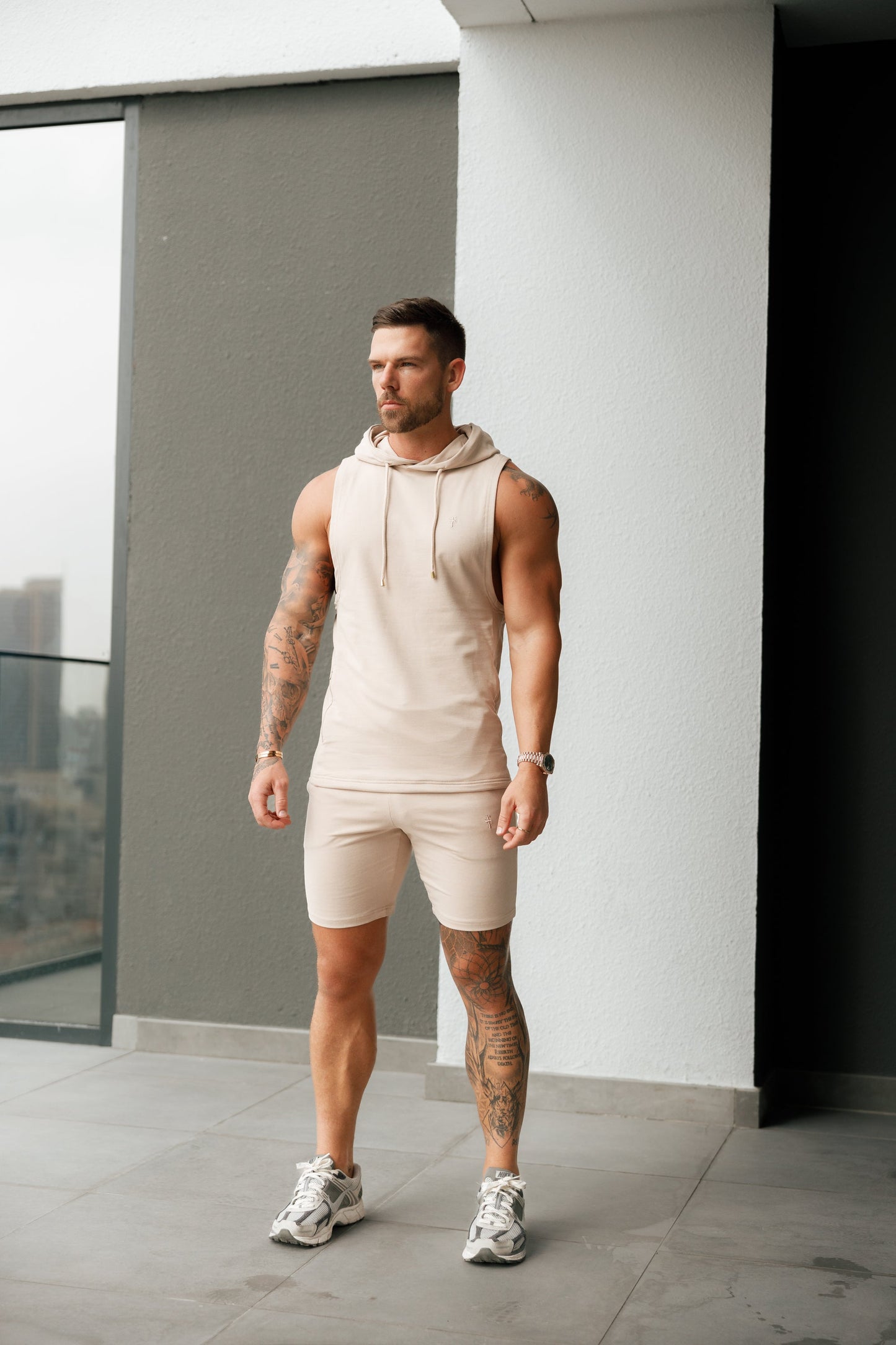 Elevate Your Workout: Father Sons Stylish Sleeveless Beige Gym Hoodie - FSH896