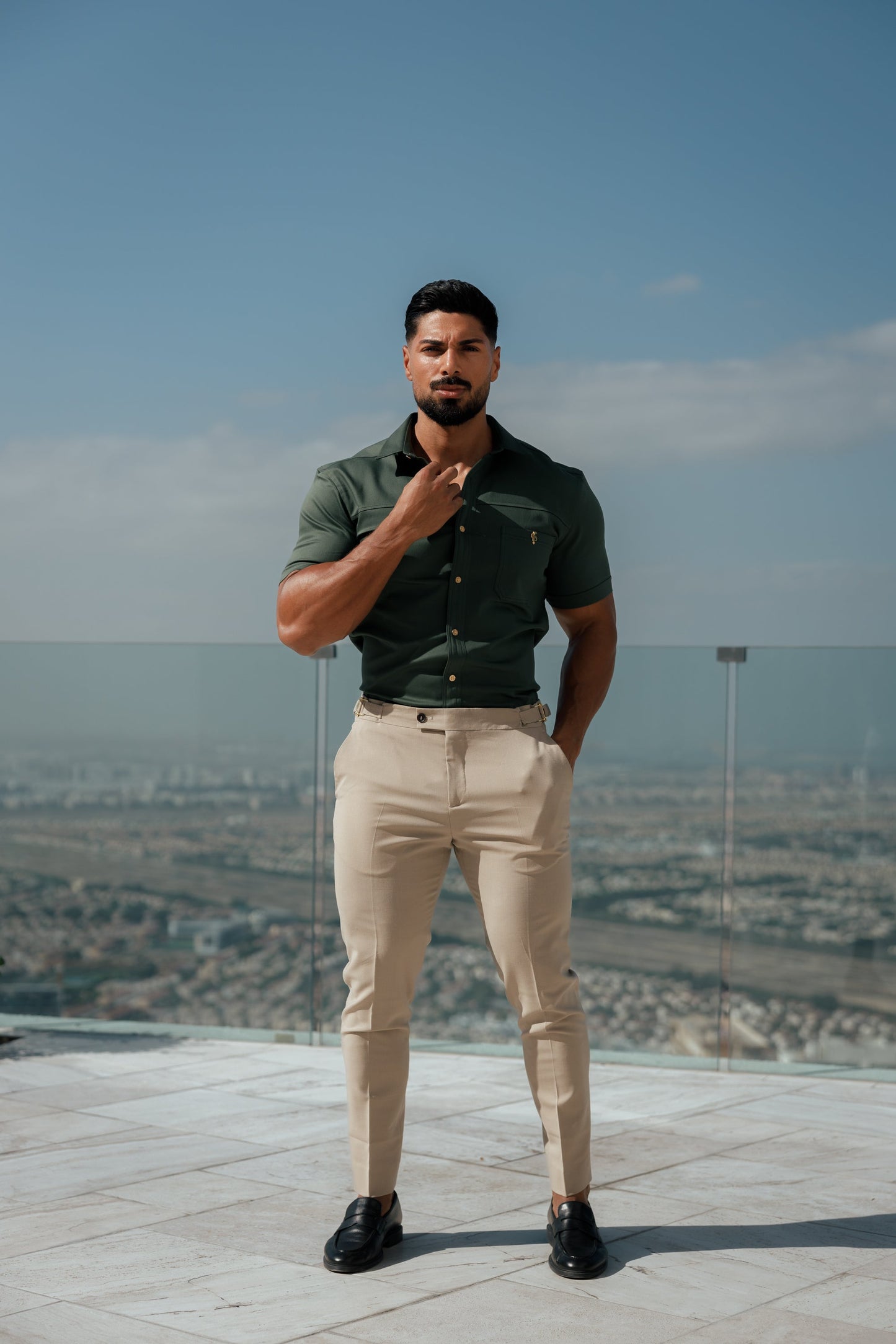 Elevate Your Style: Father Sons Super Slim Stretch Khaki Denim Short Sleeve Shirt with Trendy Horizontal Seam and Pocket - FS958