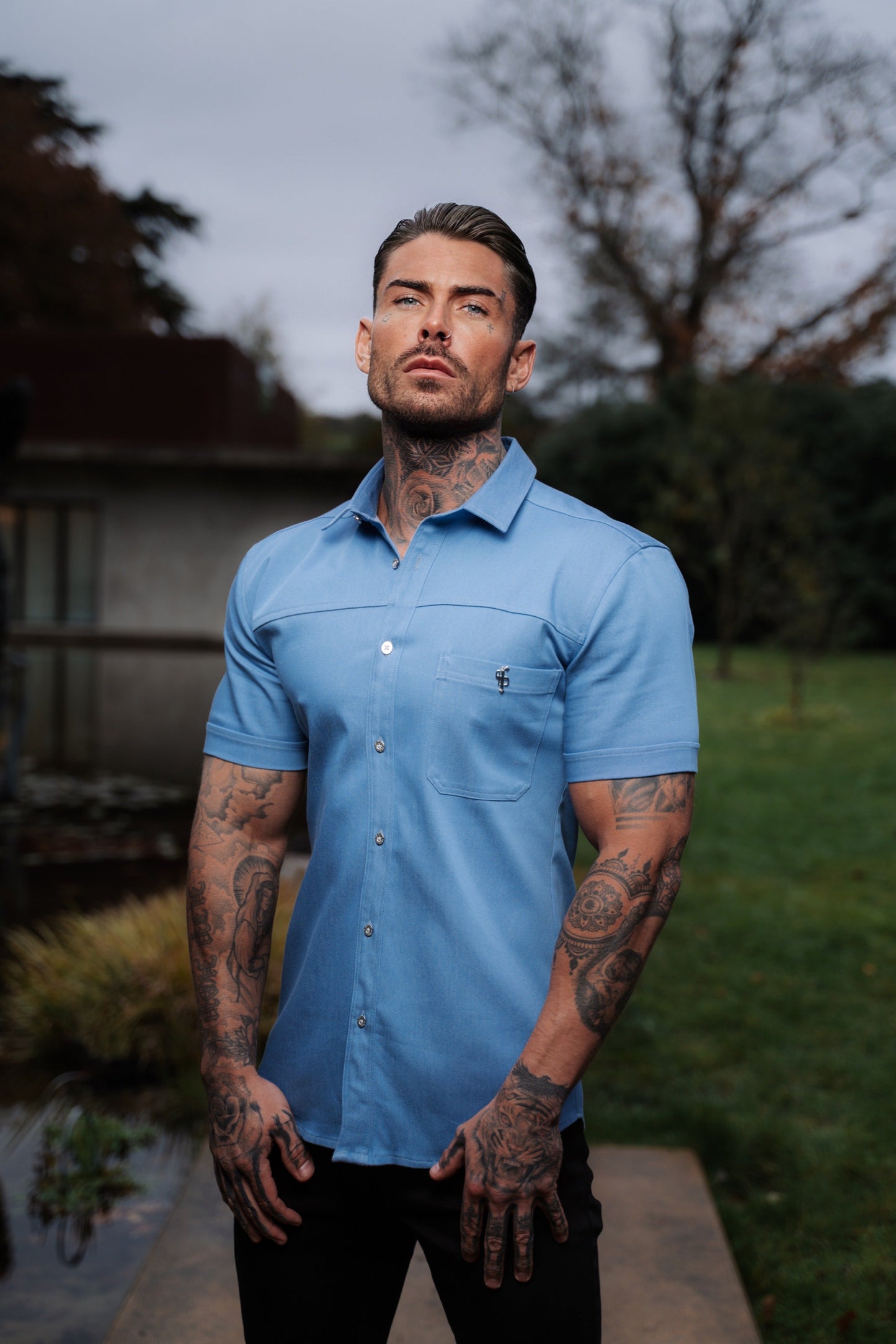 Elevate Your Style with Father Sons Super Slim Stretch Light Blue Denim Short Sleeve Shirt Featuring Horizontal Seam and Pocket - FS957