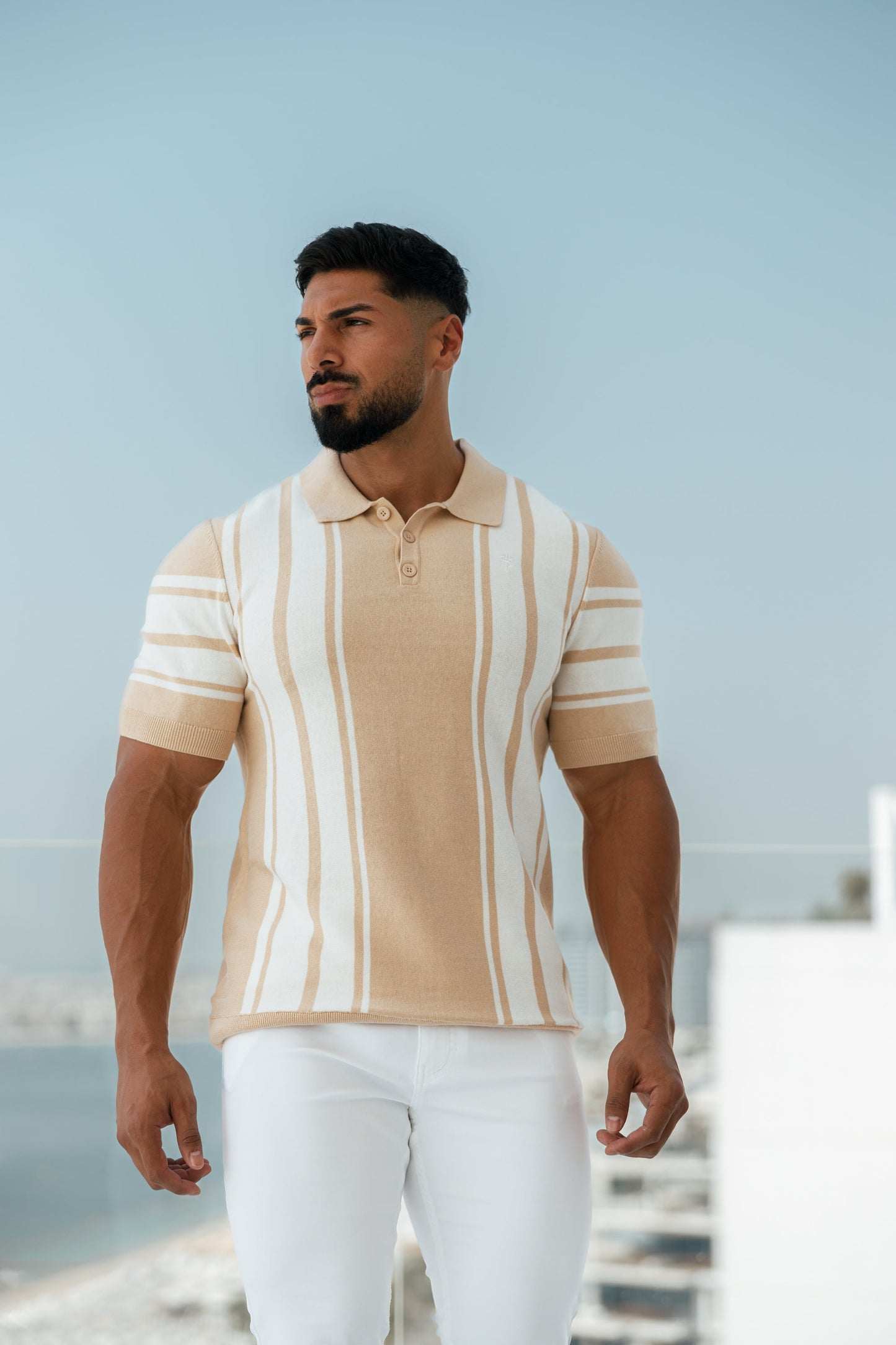 Elevate Your Wardrobe with the Father Sons Chic Beige & Off-White Vertical Stripe Knitted Polo - Short Sleeve Style!