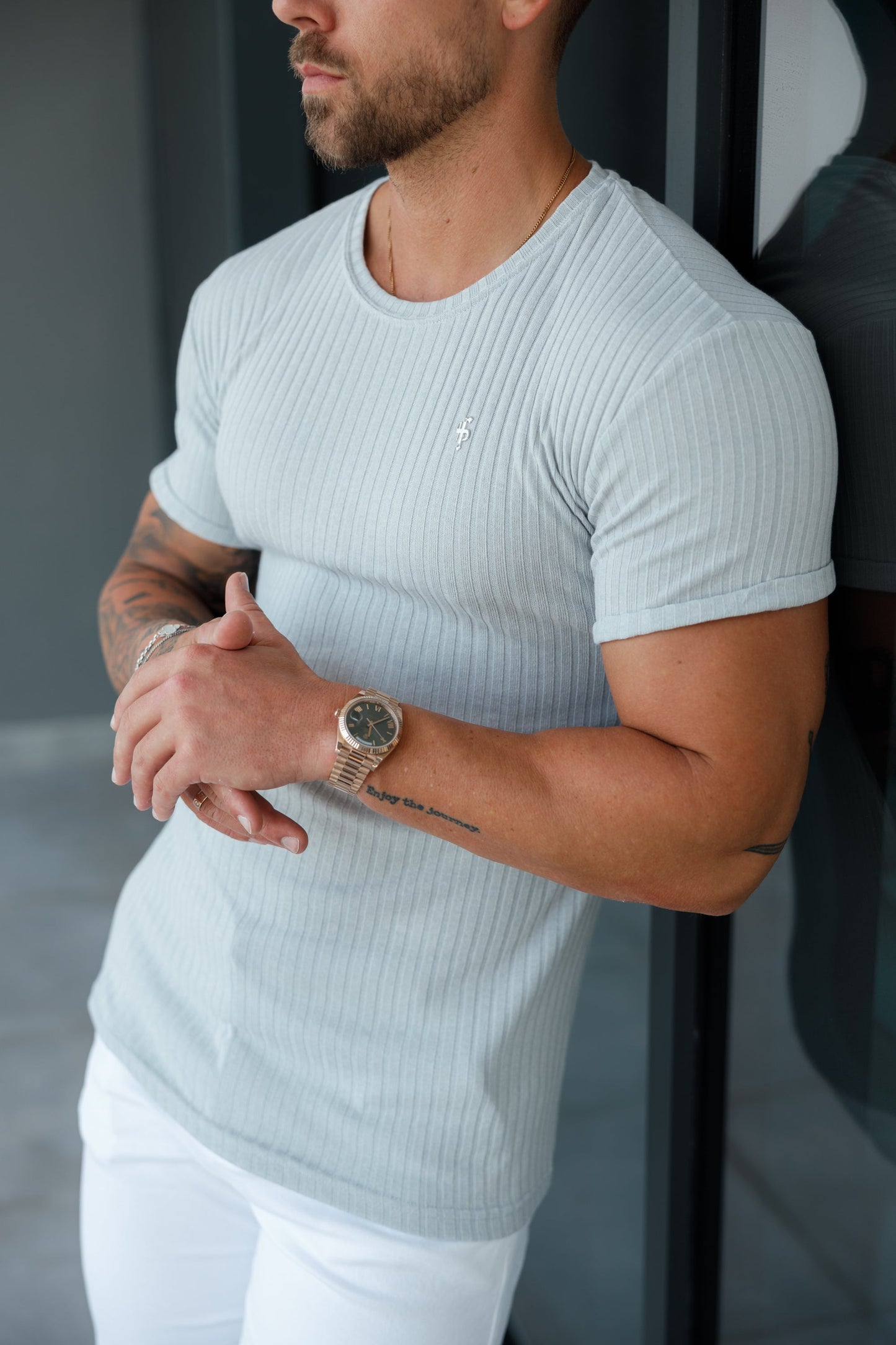 Elevate Your Wardrobe with the Father Sons Light Grey Ribbed Knit Super Slim Short Sleeve Crew - FSH1085
