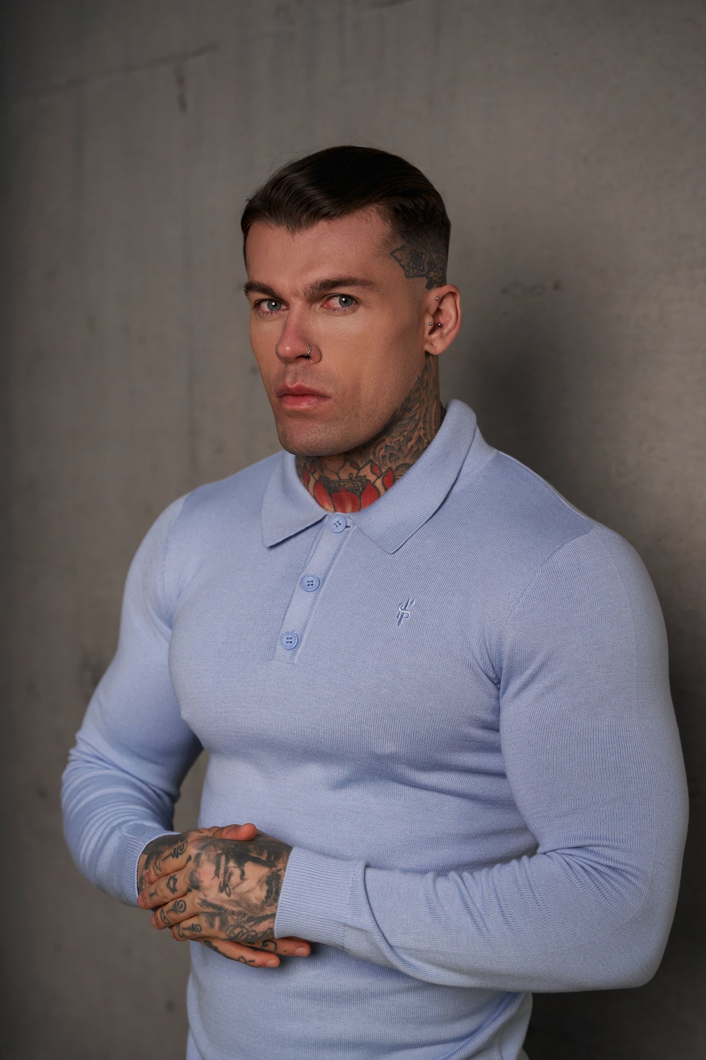 Timeless Pale Blue Knitted Polo Jumper for Men - Long Sleeve with Subtle Tonal FS Embroidery - Model FSN142