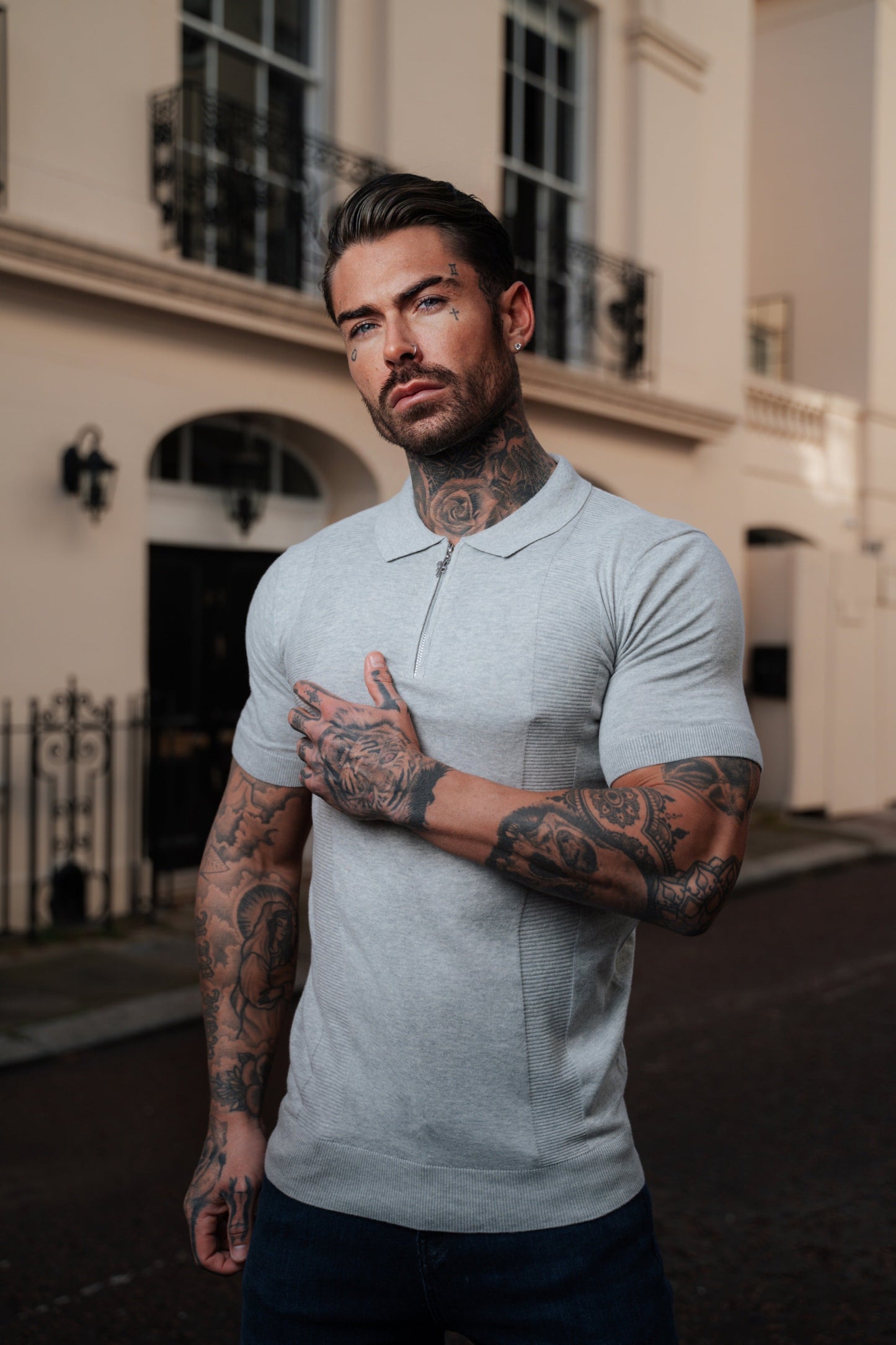 Elevate Your Style with the Father Sons Classic Grey Marl Short Sleeve Zip Polo Shirt - FSN132