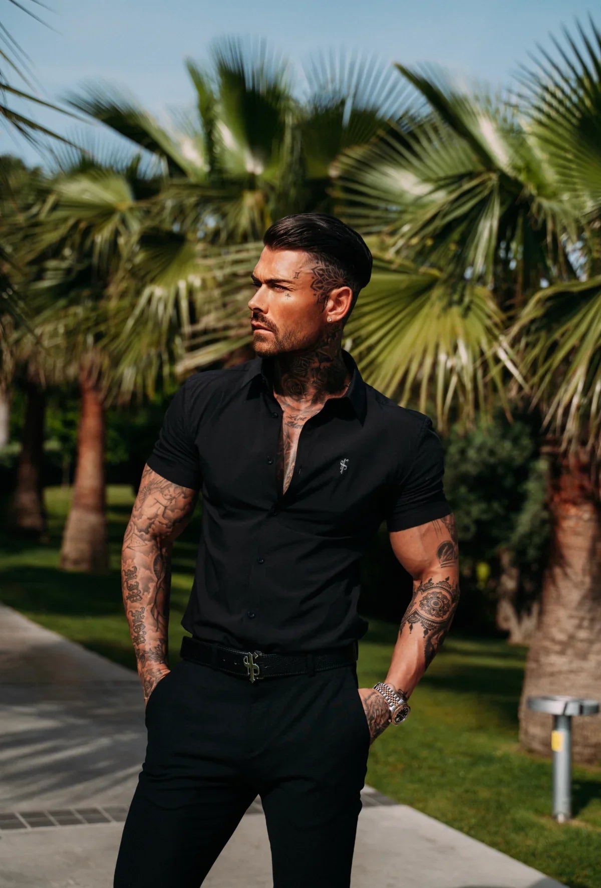 Elevate Your Wardrobe with the Father Sons Ultra Slim Stretch Black Short Sleeve Shirt - FS1093