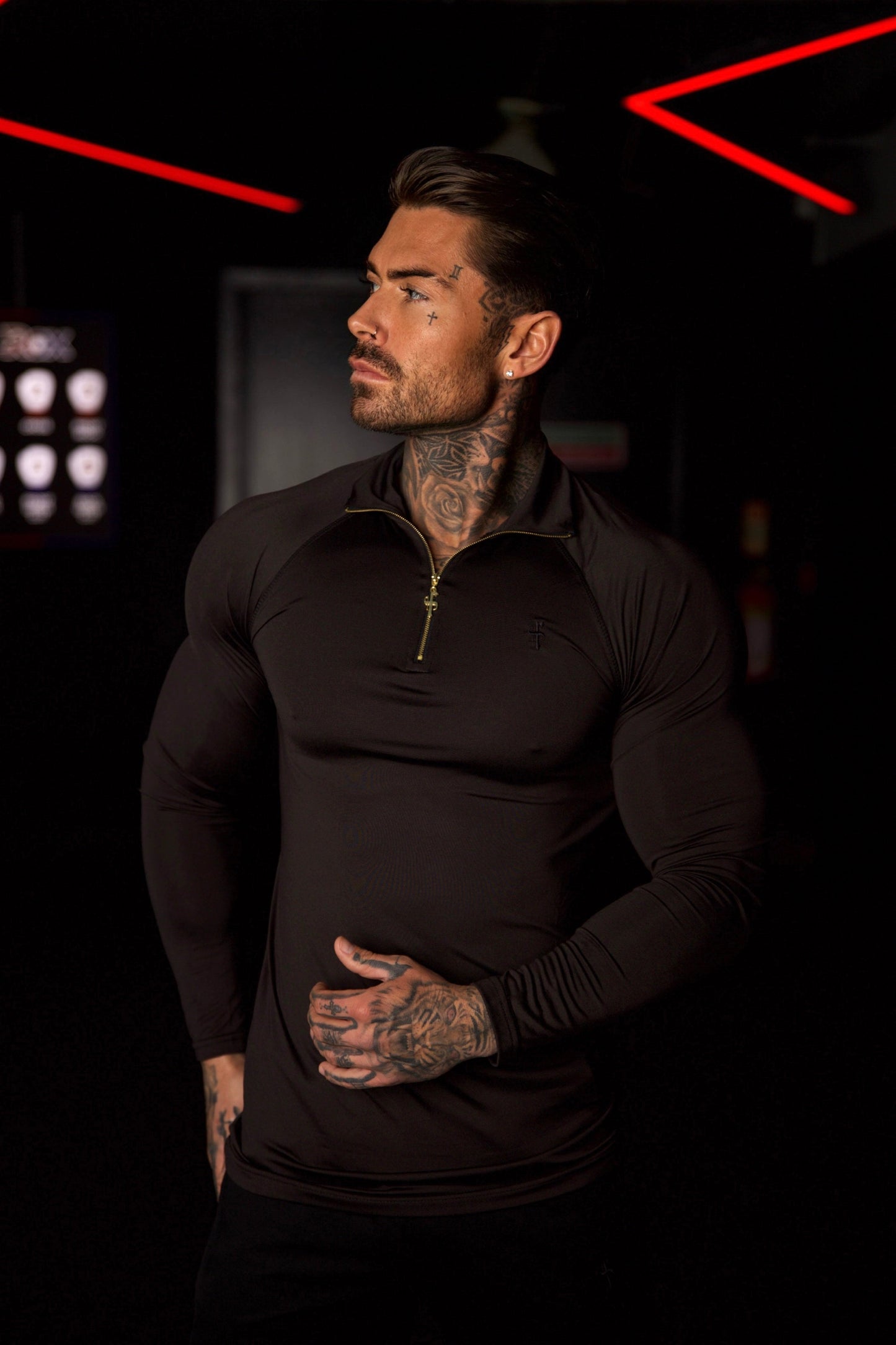 Elevate Your Workout with the Father Sons Solid Black and Gold Half Zip Long Sleeve Gym Top - FSH887