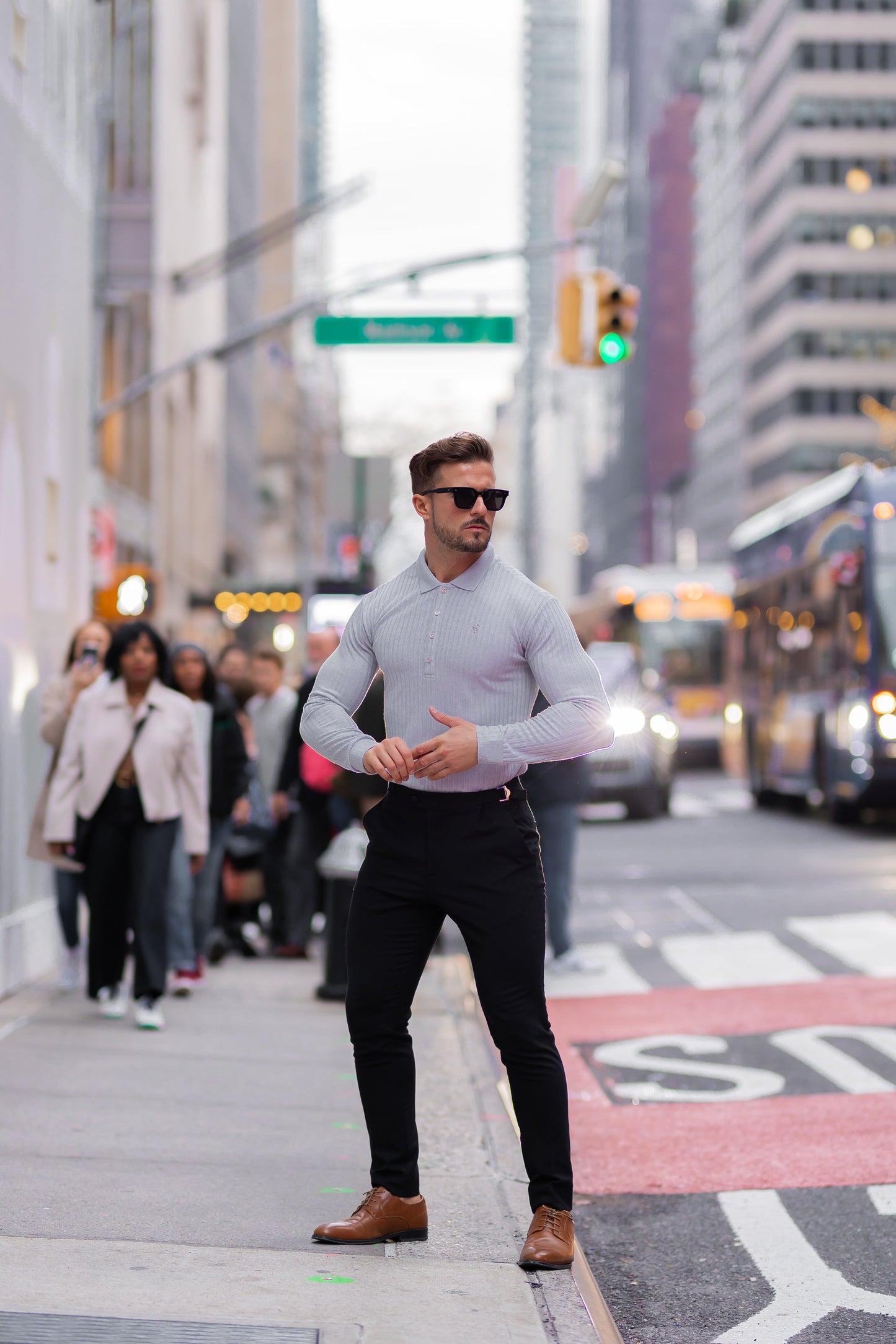 Elevate Your Style: Light Grey Ribbed Long Sleeve Polo with Silver Accent by Father Sons - FSH973
