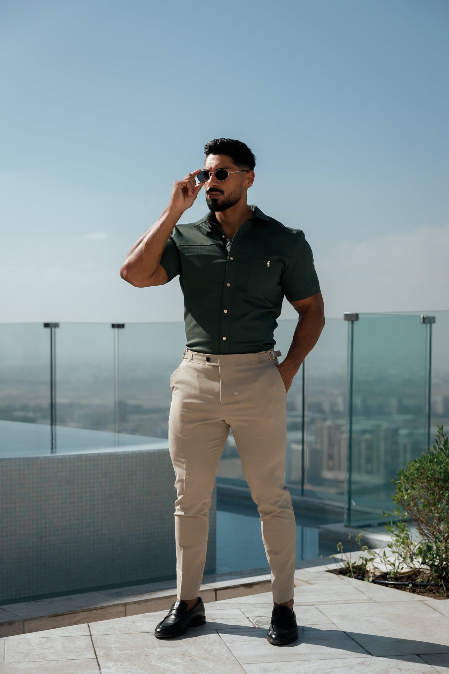 Elevate Your Style: Father Sons Super Slim Stretch Khaki Denim Short Sleeve Shirt with Trendy Horizontal Seam and Pocket - FS958