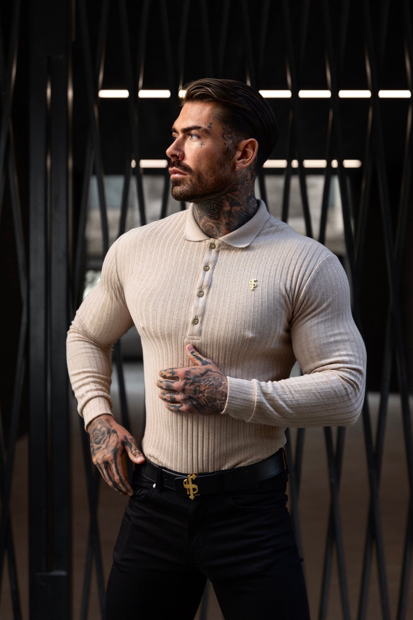 Elevate Your Style with the Father Sons Classic Beige Ribbed Long Sleeve Polo Shirt Featuring a Chic Gold Decal - FSH969