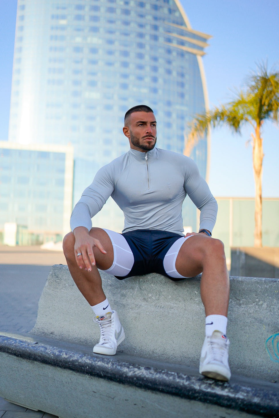Elevate Your Workout with the Father Sons Light Grey/Silver Half Zip Long Sleeve Gym Top - FSH890
