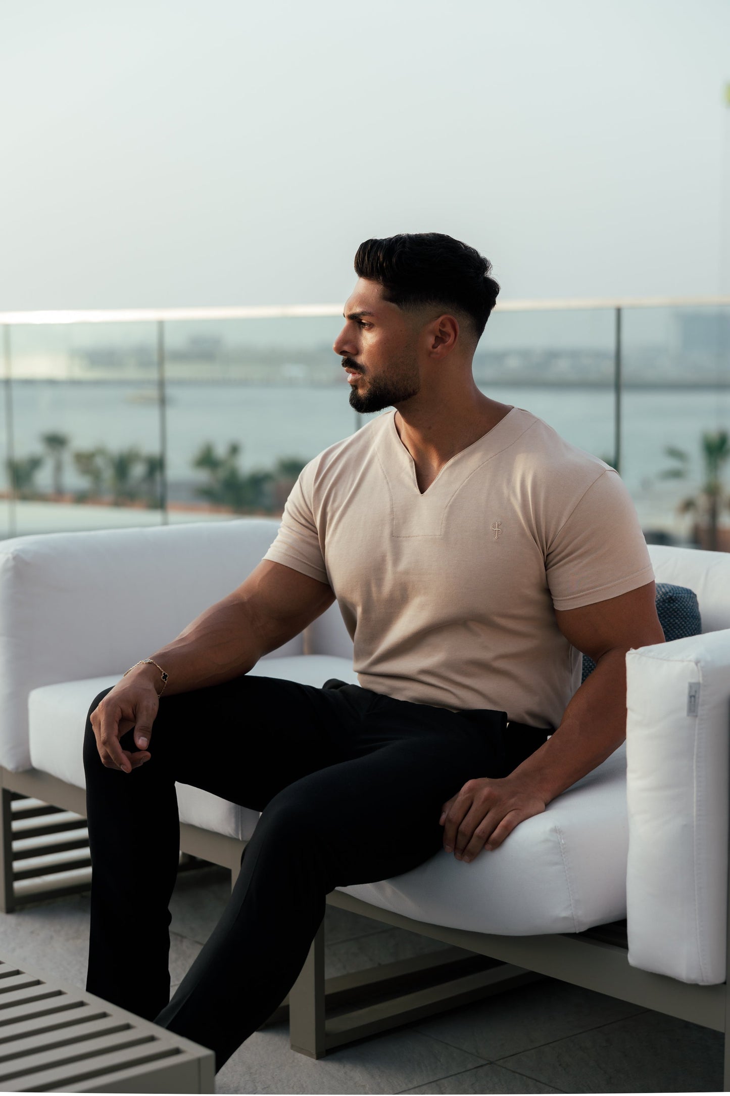 Sleek Beige V-Neck Crew Short Sleeve Tee for Men - Father Sons FS-H1016