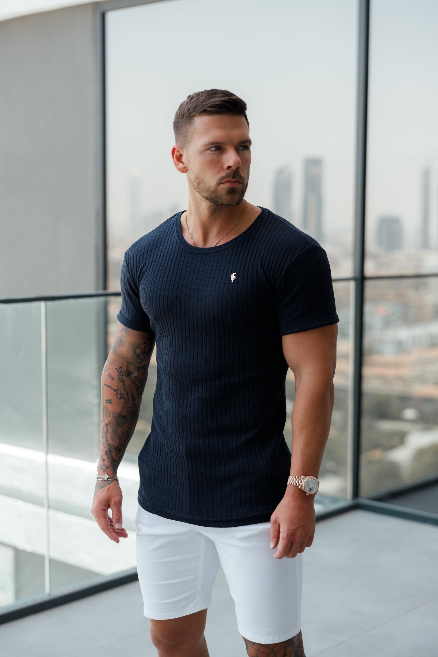 Classic Navy & Gold Ribbed Knit Super Slim Fit Short Sleeve Crew for Men - Perfect for Any Occasion!
