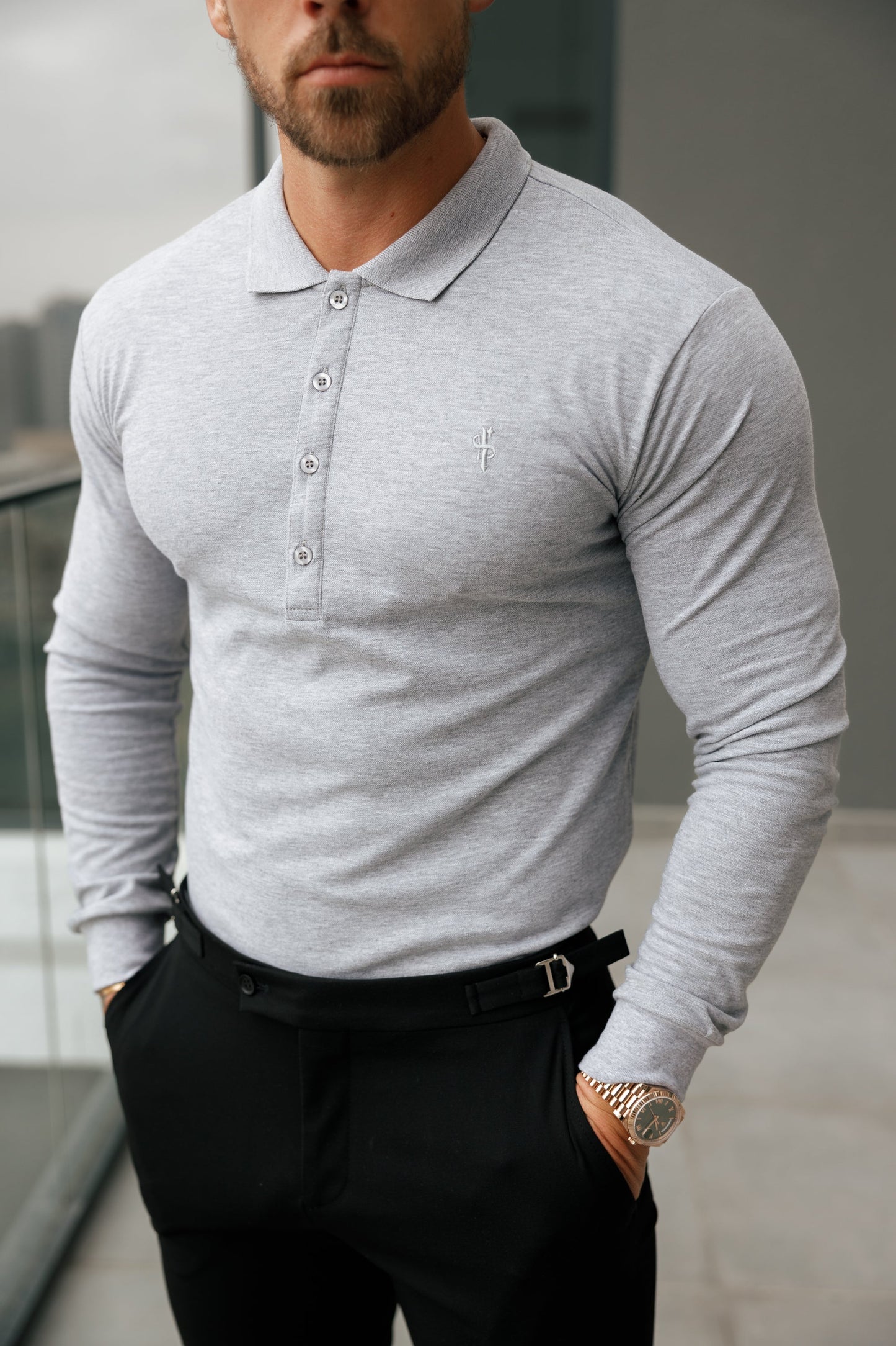 Elevate Your Style with the Father Sons Light Grey Tonal Long Sleeve Polo - FSH859