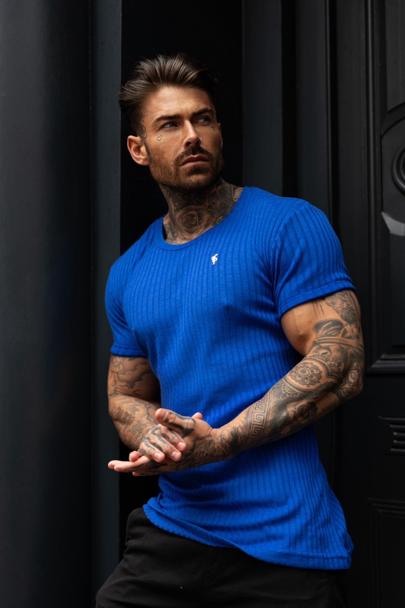 Elevate Your Style: Father Sons Royal Blue & Silver Ribbed Super Slim Fit Short Sleeve Crew - FSH1091