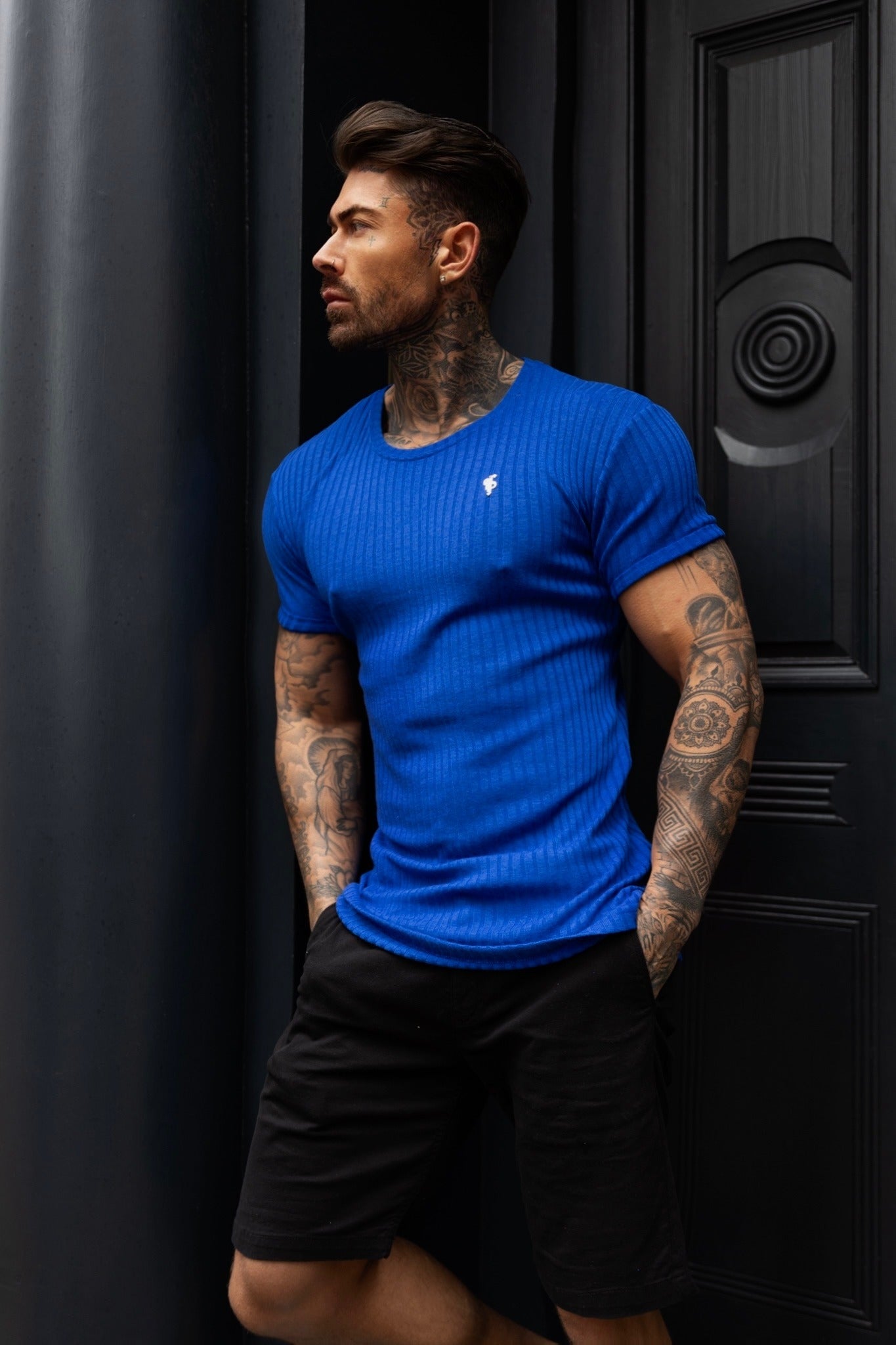 Elevate Your Style: Father Sons Royal Blue & Silver Ribbed Super Slim Fit Short Sleeve Crew - FSH1091