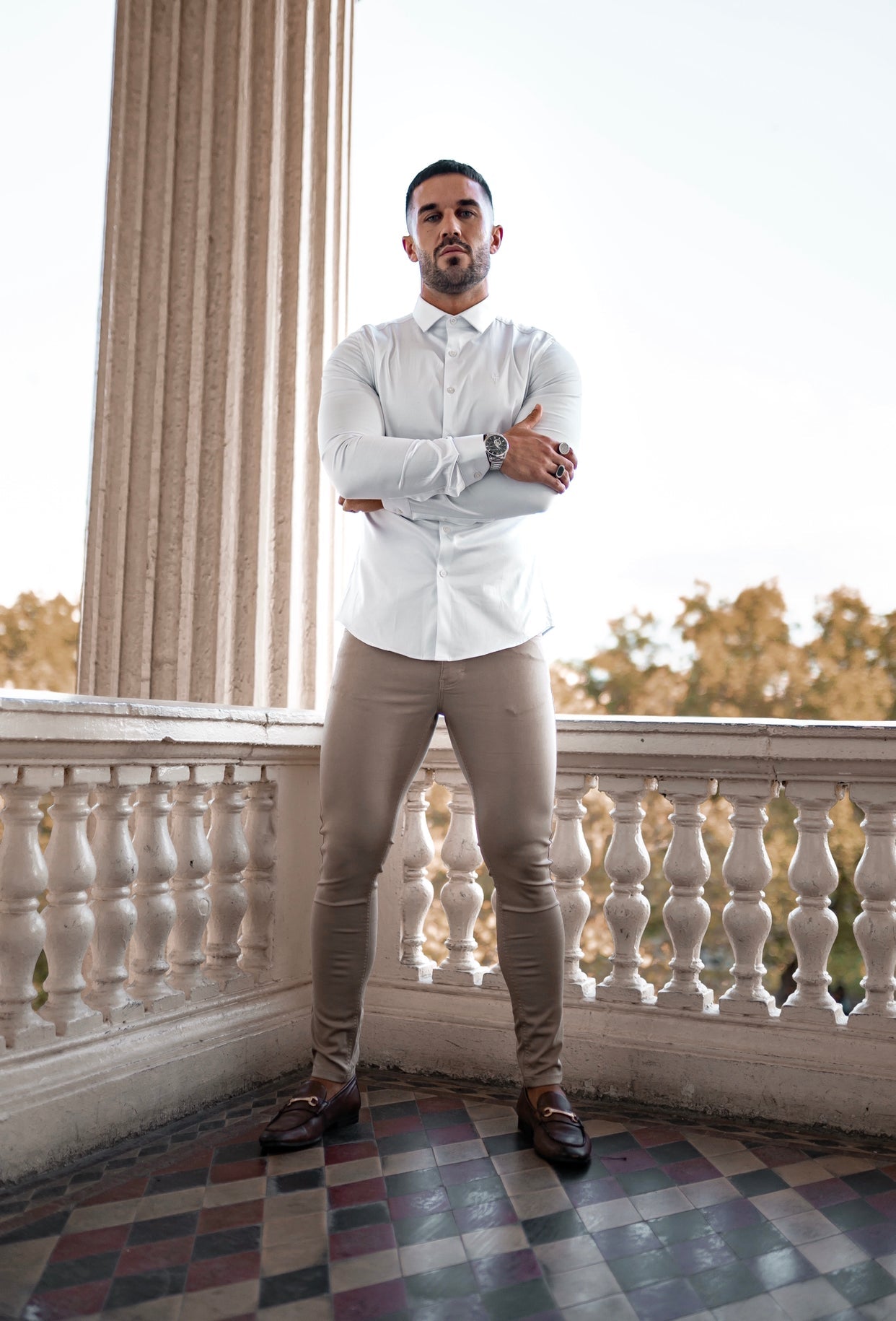 Elevate Your Wardrobe with Father Sons Slim Fit Stretch Beige Sateen Trousers - FSH407