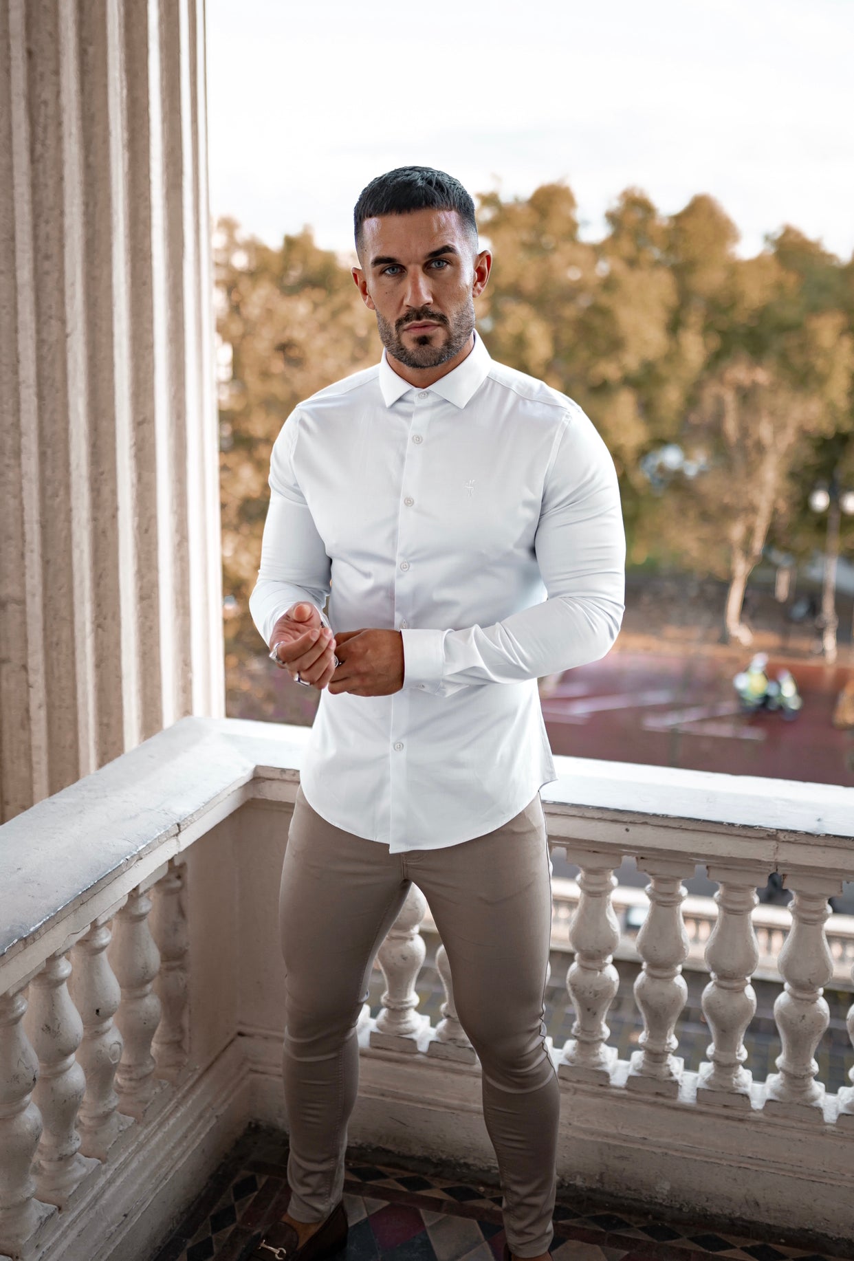 Elevate Your Wardrobe with Father Sons Slim Fit Stretch Beige Sateen Trousers - FSH407